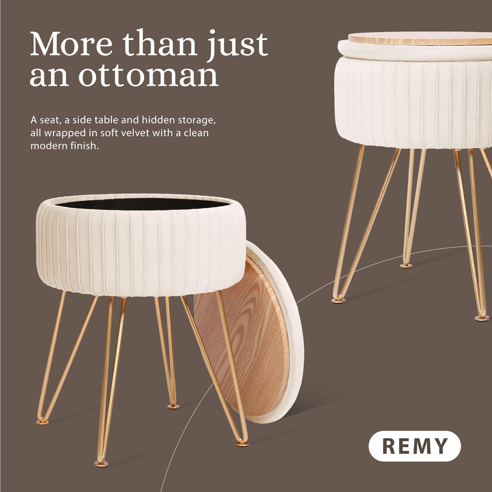 Side Table Storage Ottoman - Velvet Padded Stool Vanity Footstool REMY CREAM BEIGE 3