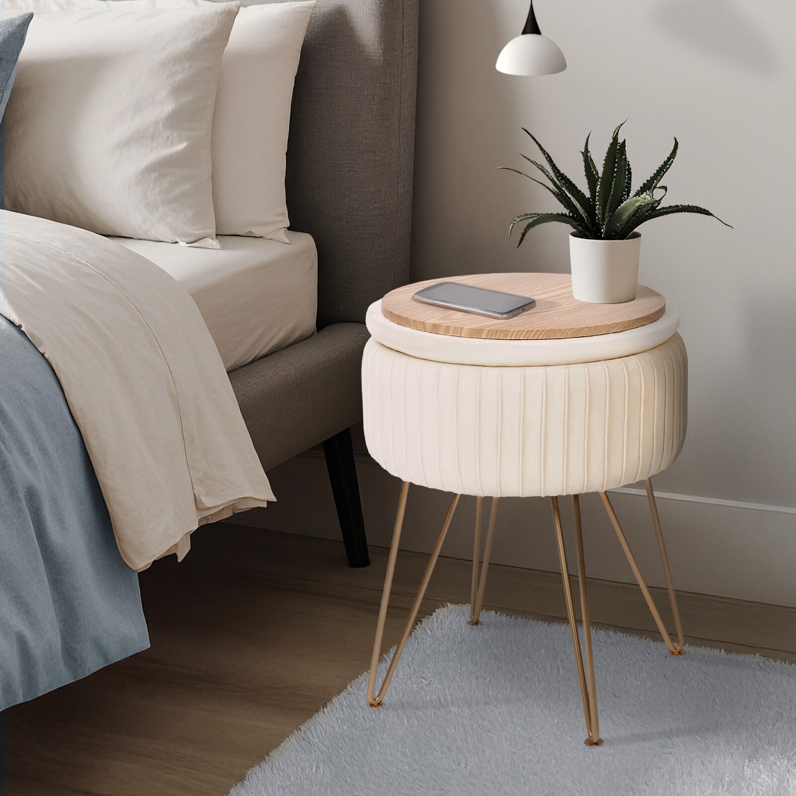 Side Table Storage Ottoman - Velvet Padded Stool Vanity Footstool REMY CREAM BEIGE 4