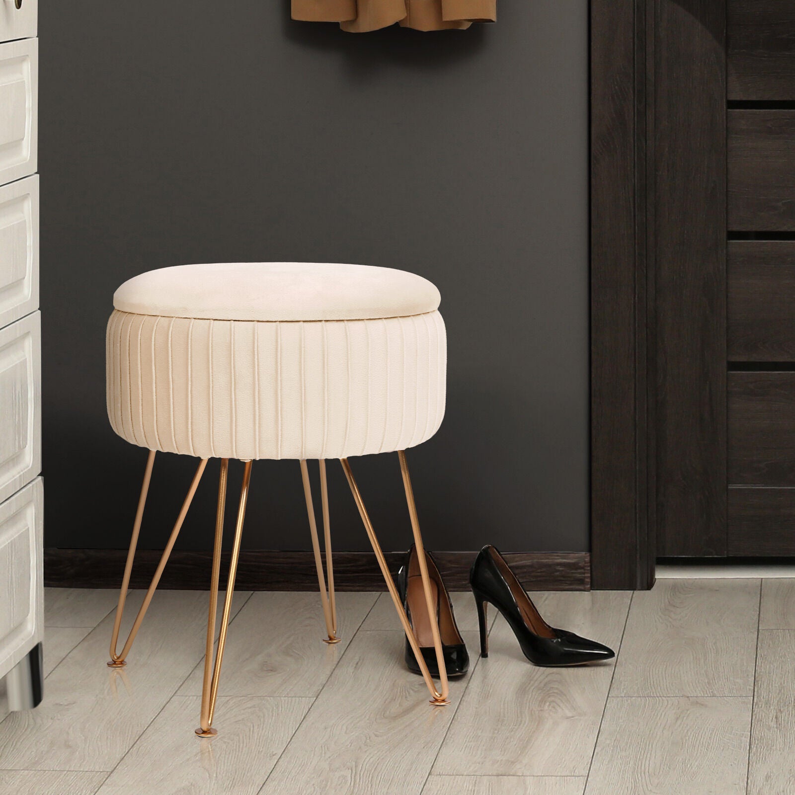 Side Table Storage Ottoman - Velvet Padded Stool Vanity Footstool REMY CREAM BEIGE 5