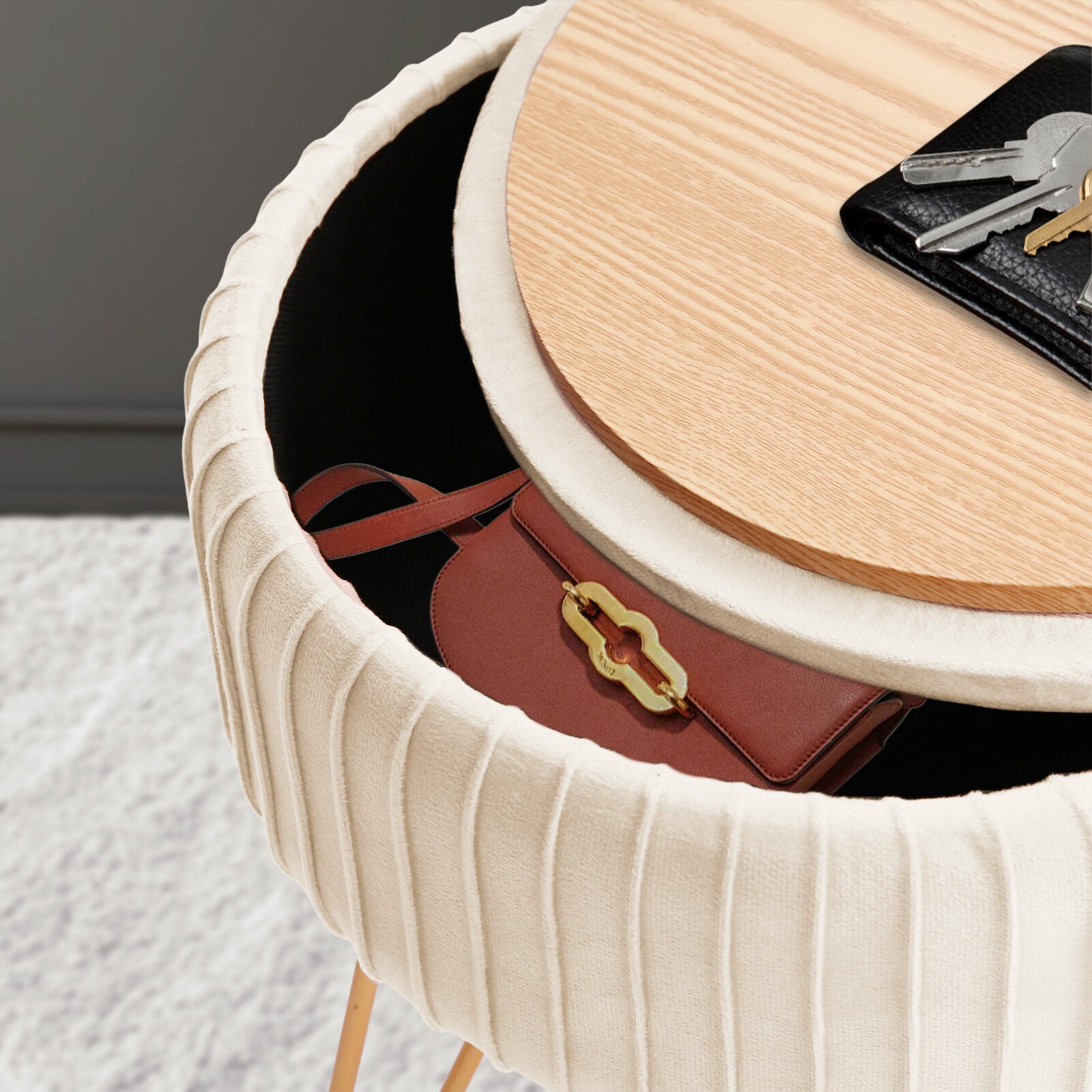 Side Table Storage Ottoman - Velvet Padded Stool Vanity Footstool REMY CREAM BEIGE 9