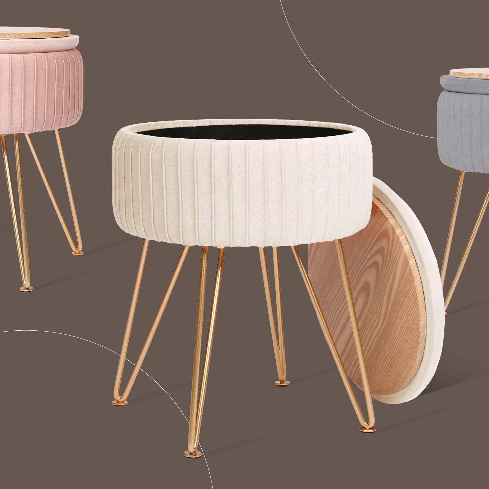 Side Table Storage Ottoman - Velvet Padded Stool Vanity Footstool REMY CREAM BEIGE 10