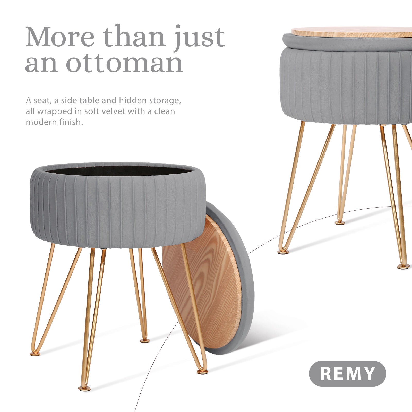 Side Table Storage Ottoman - Velvet Padded Stool Vanity Footstool REMY GREY 3