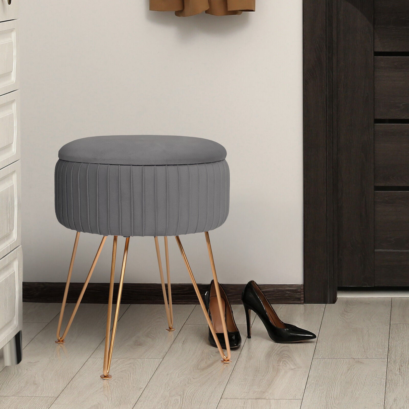 Side Table Storage Ottoman - Velvet Padded Stool Vanity Footstool REMY GREY 4