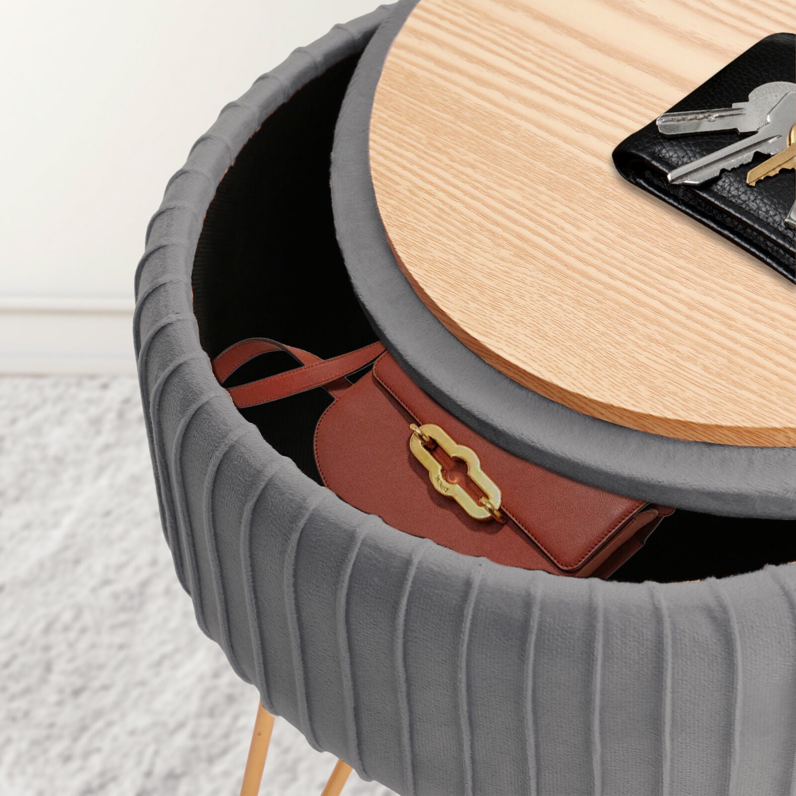 Side Table Storage Ottoman - Velvet Padded Stool Vanity Footstool REMY GREY 8