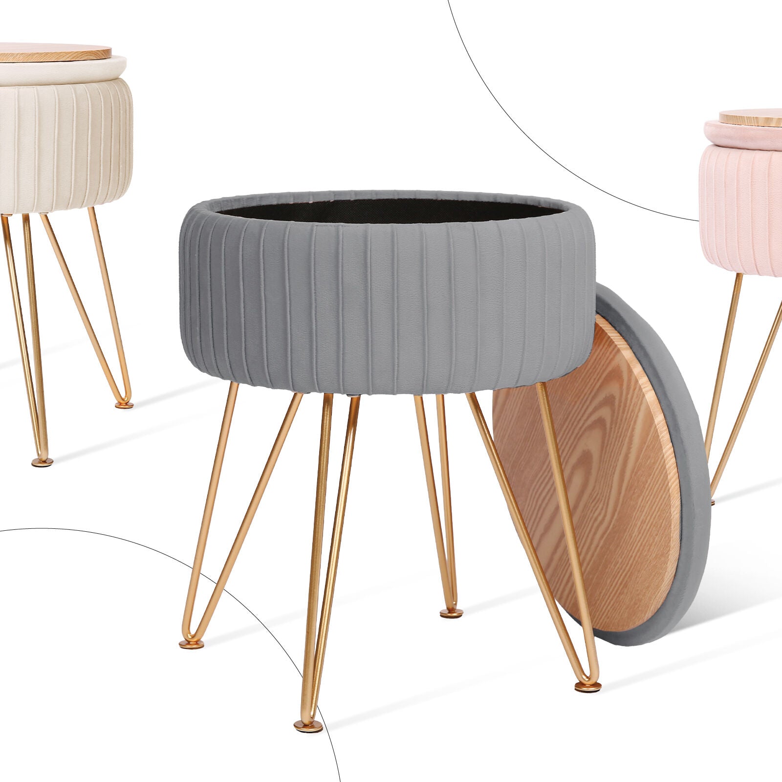 Side Table Storage Ottoman - Velvet Padded Stool Vanity Footstool REMY GREY 10