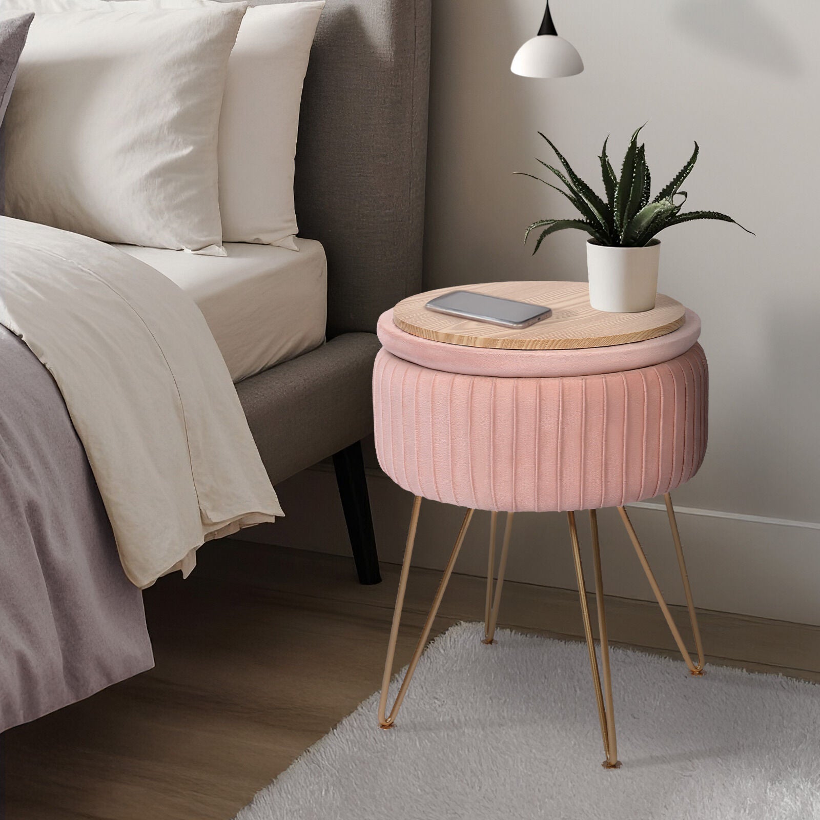 Side Table Storage Ottoman - Velvet Padded Stool Vanity Footstool REMY PINK 4