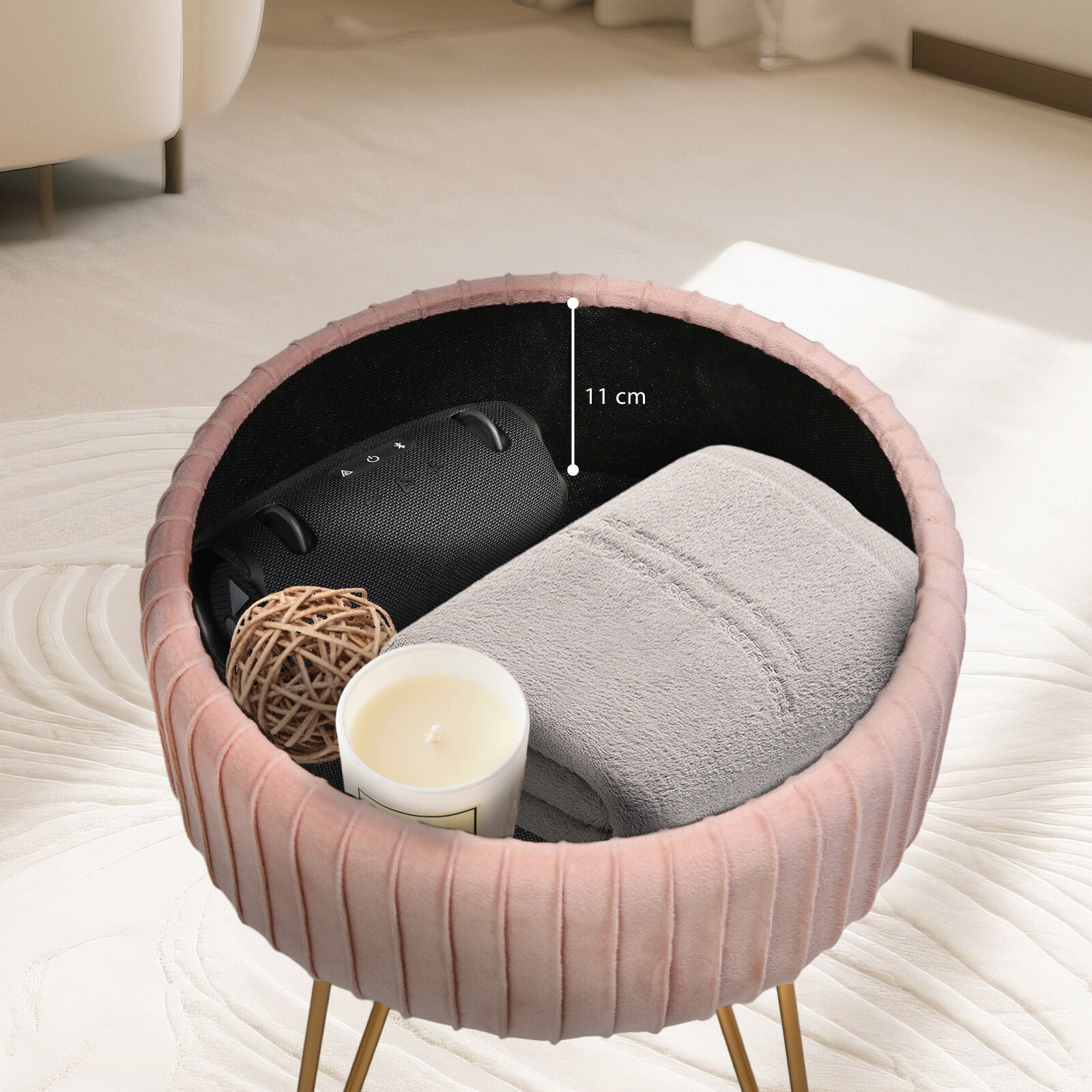 Side Table Storage Ottoman - Velvet Padded Stool Vanity Footstool REMY PINK 5