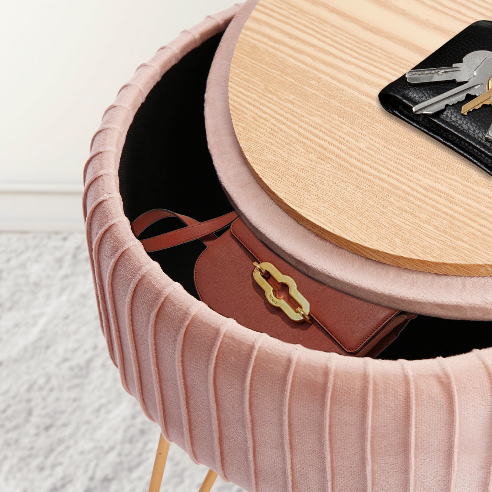 Side Table Storage Ottoman - Velvet Padded Stool Vanity Footstool REMY PINK 8