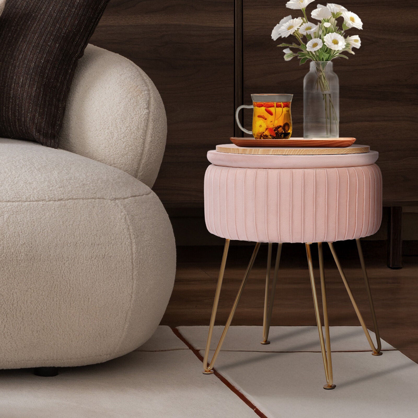Side Table Storage Ottoman - Velvet Padded Stool Vanity Footstool REMY PINK 9
