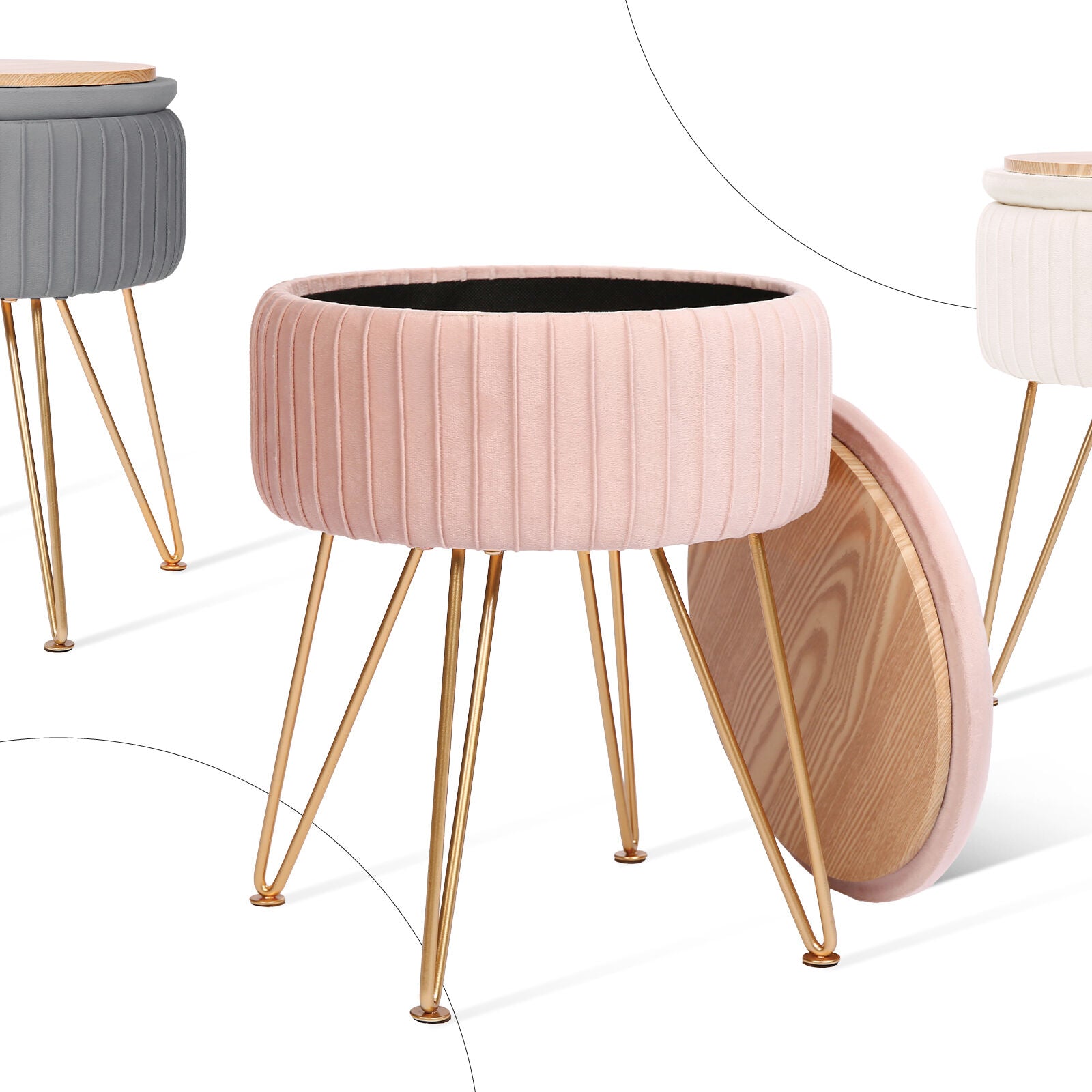 Side Table Storage Ottoman - Velvet Padded Stool Vanity Footstool REMY PINK 10