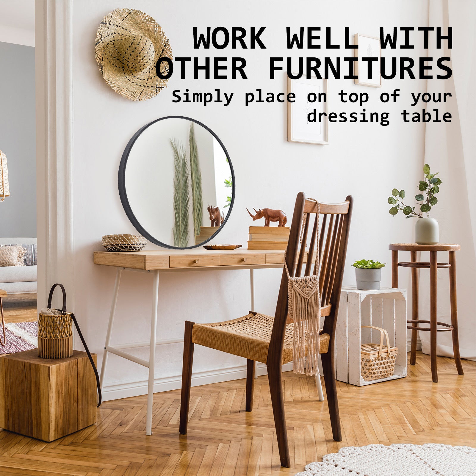 Wall Mirror Round Aluminum Frame Bathroom 70cm BLACK 5