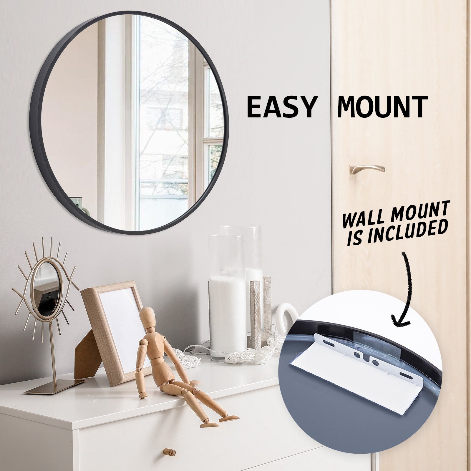 2 Set Wall Mirror Round Aluminum Frame Bathroom 70cm BLACK 11