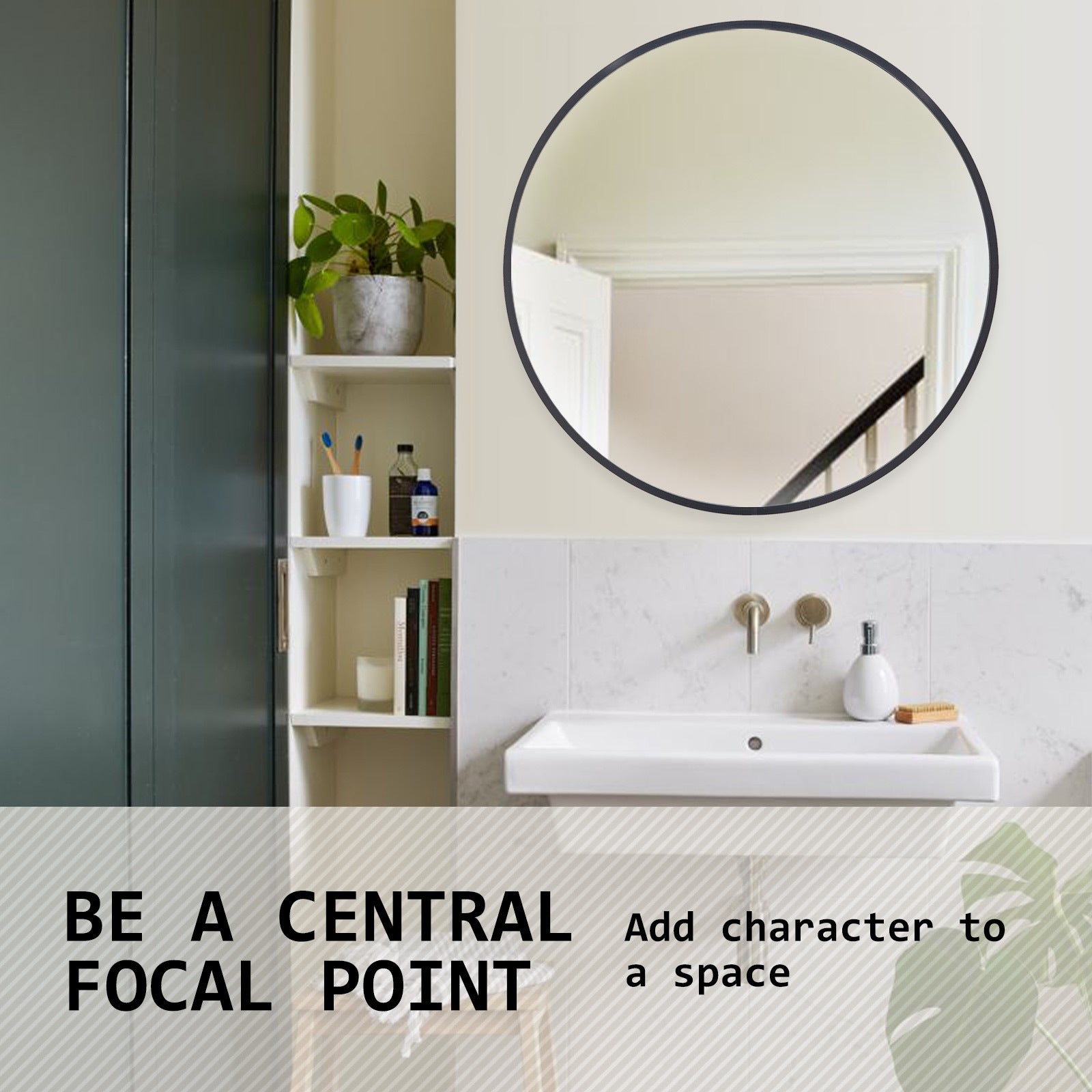 Wall Mirror Round Aluminum Frame Bathroom 80cm BLACK 7