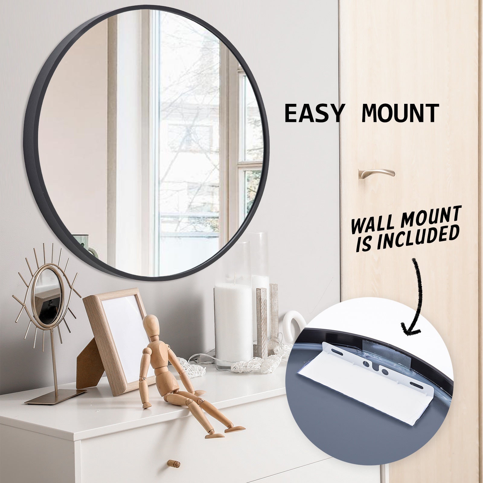 Wall Mirror Round Aluminum Frame Bathroom 80cm BLACK 11