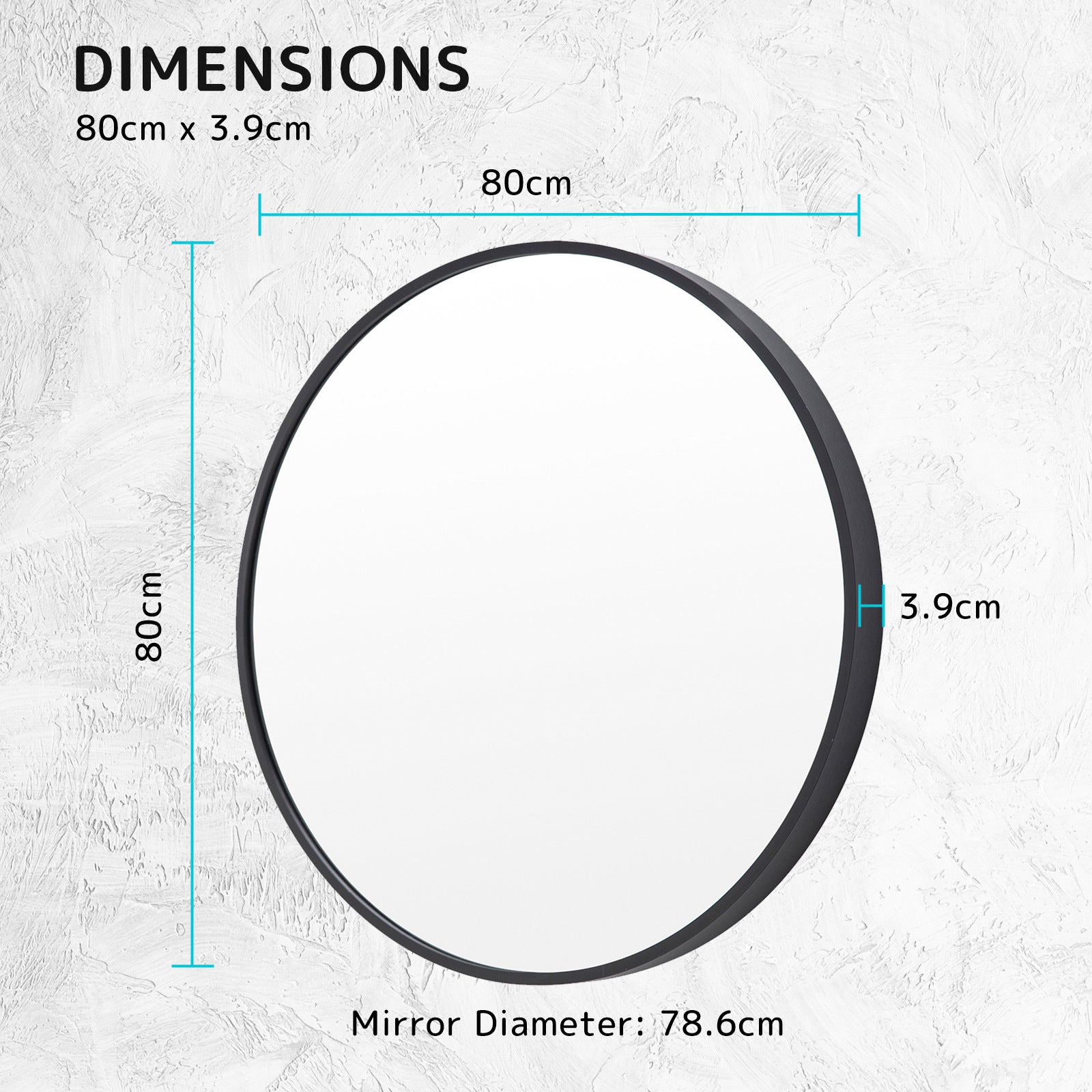 Wall Mirror Round Aluminum Frame Bathroom 80cm BLACK 12