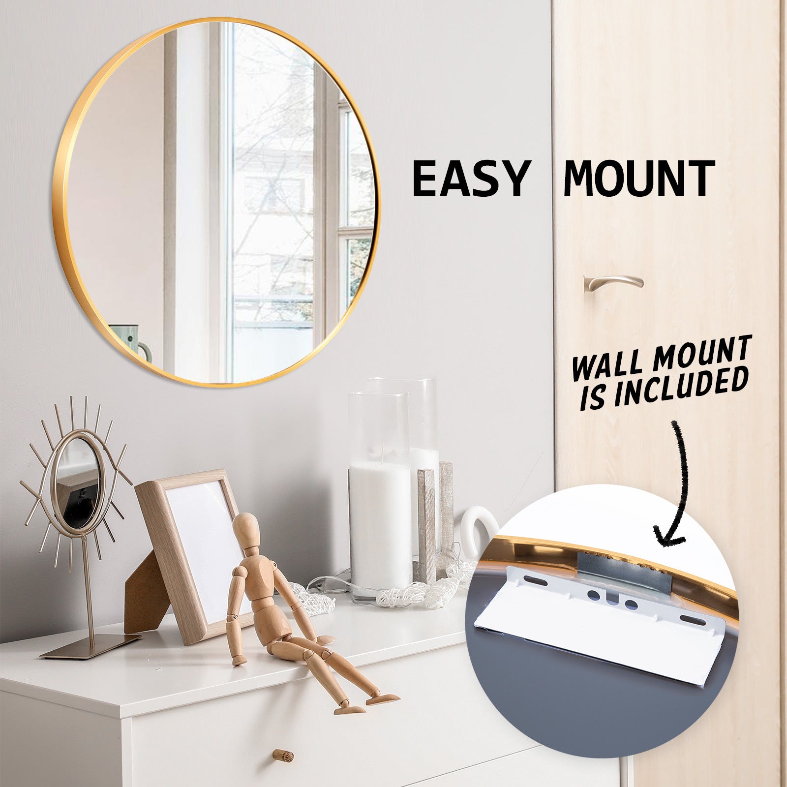 Wall Mirror Round Aluminum Frame Bathroom 70cm GOLD 11
