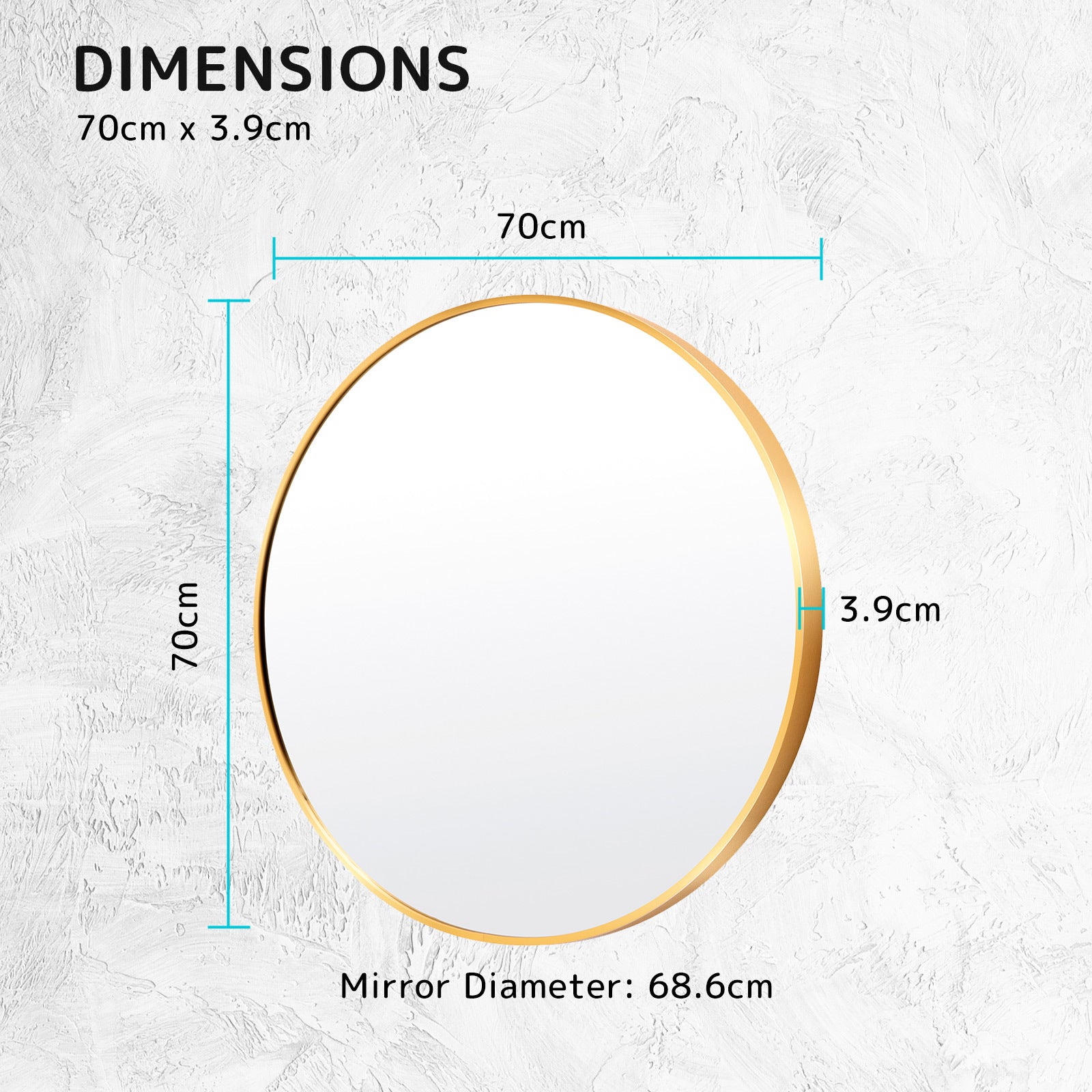 Wall Mirror Round Aluminum Frame Bathroom 70cm GOLD 12