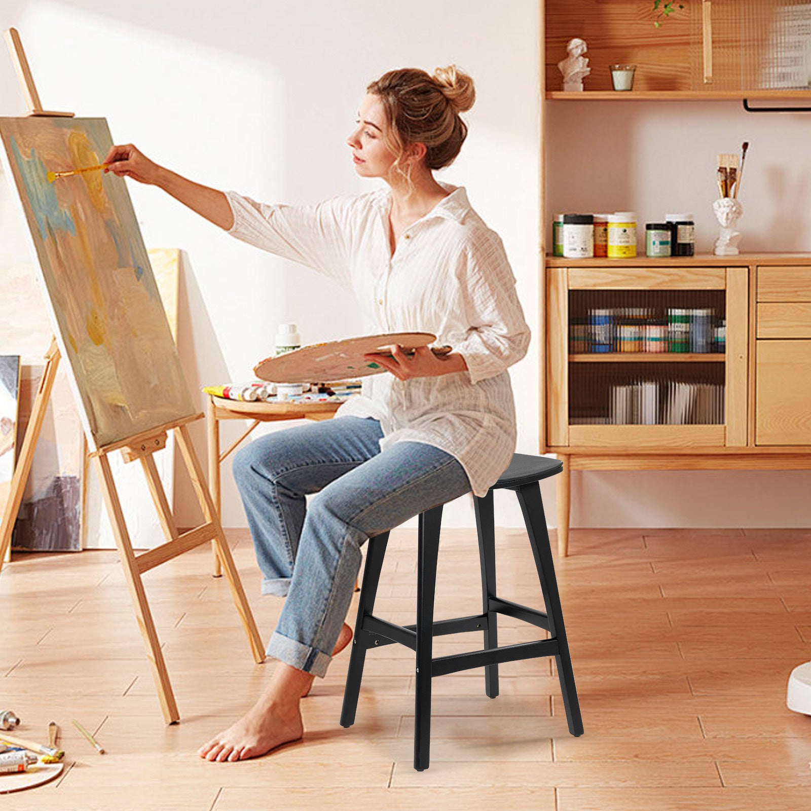 2X Wooden Bar Stool Padded PU Leather Dining Chair KANSO 65cm BLACK 9