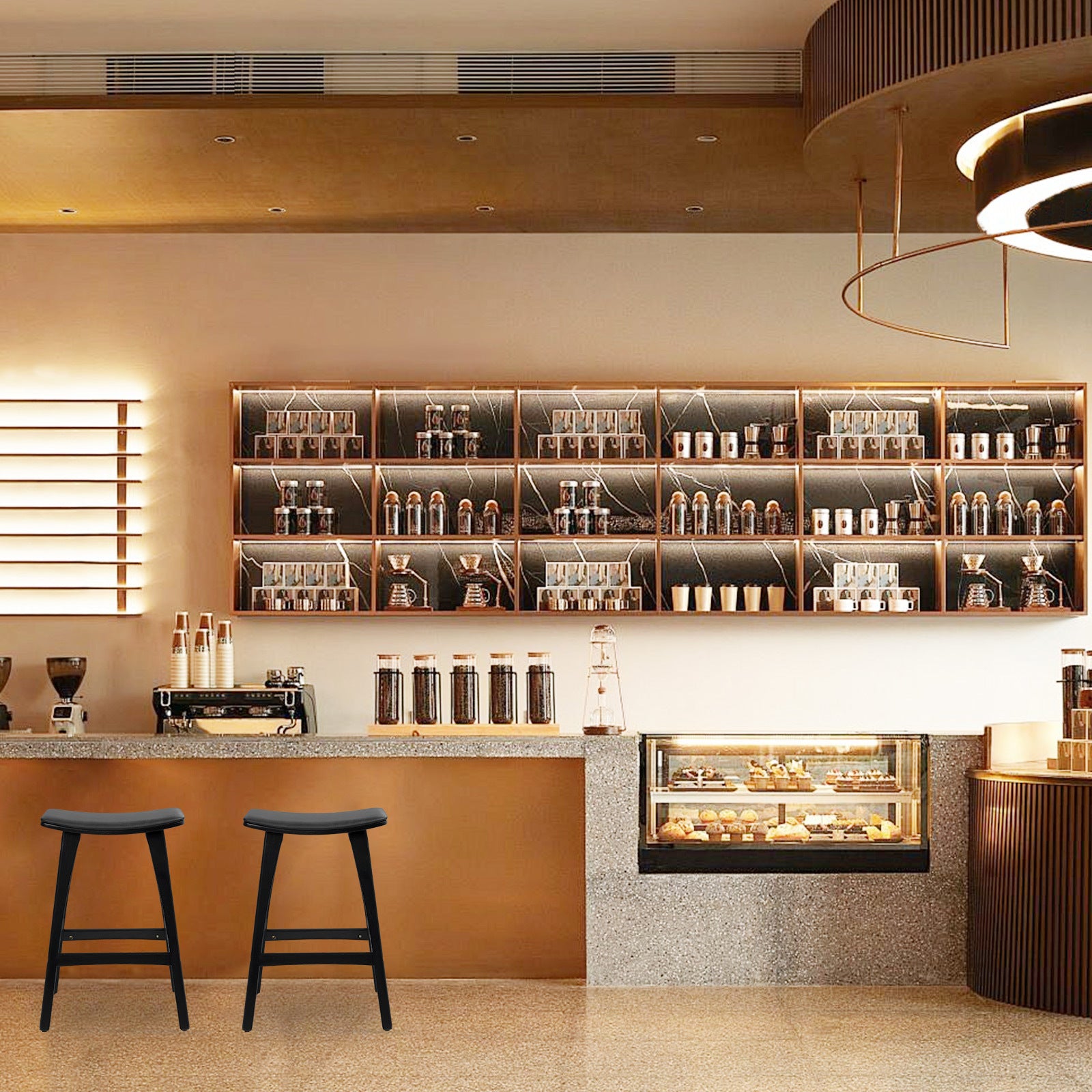 2X Wooden Bar Stool Padded PU Leather Dining Chair KANSO 65cm BLACK 11