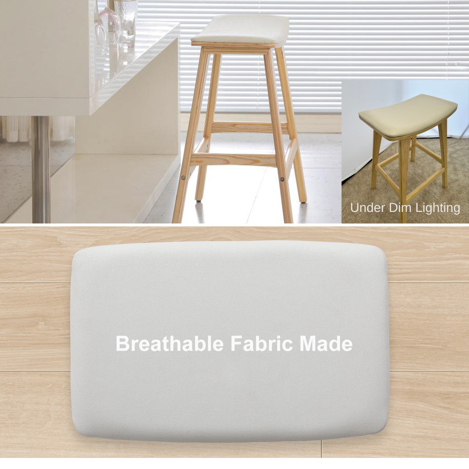 2X Wooden Bar Stool Padded Fabric Dining Chair KANSO 65cm BEIGE 7