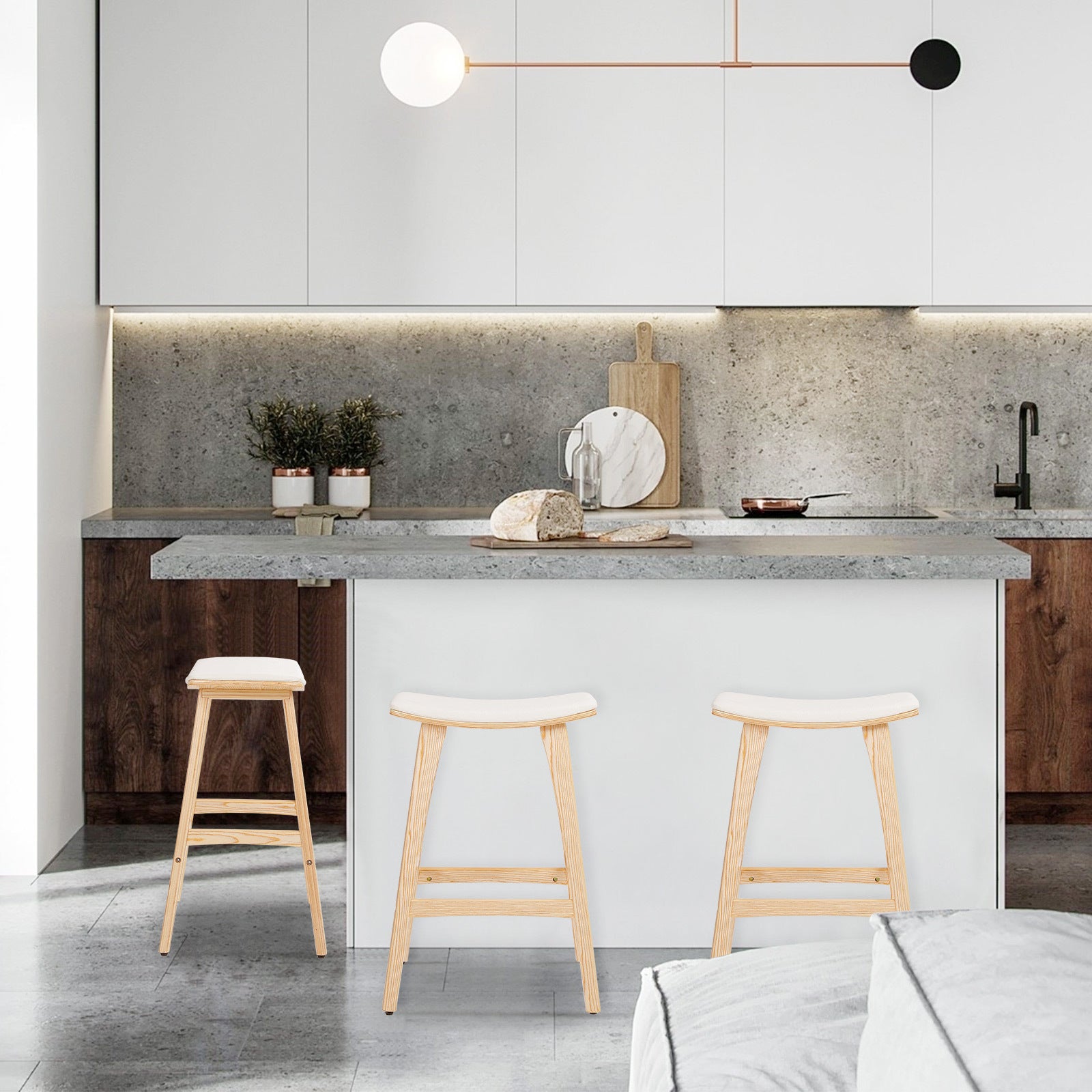 2X Wooden Bar Stool Padded Fabric Dining Chair KANSO 65cm BEIGE 8