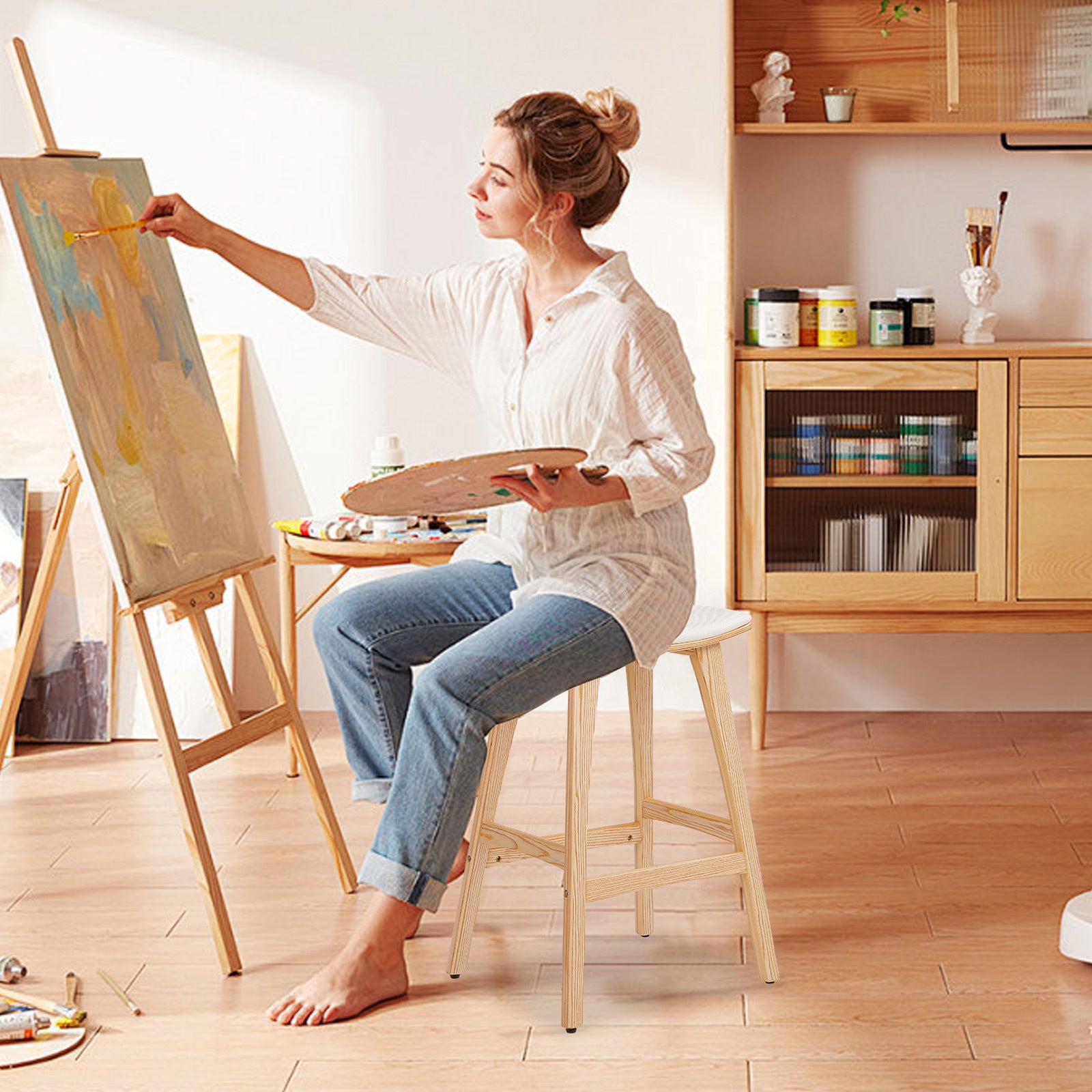 2X Wooden Bar Stool Padded Fabric Dining Chair KANSO 65cm BEIGE 9