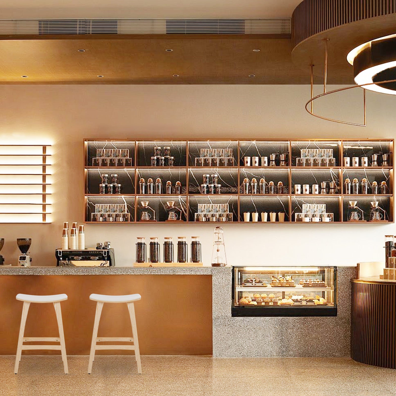 2X Wooden Bar Stool Padded Fabric Dining Chair KANSO 65cm BEIGE 11