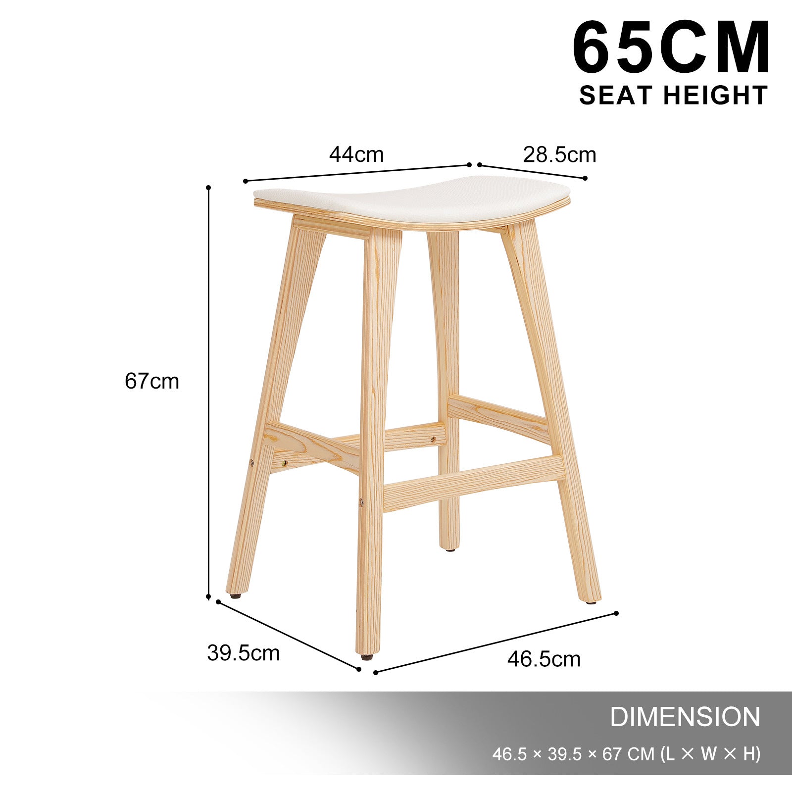 2X Wooden Bar Stool Padded Fabric Dining Chair KANSO 65cm BEIGE 12
