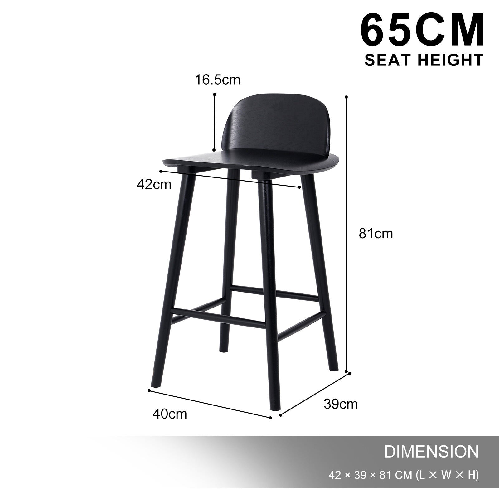 Wooden Bar Stool Dining Chair Ash Wood ELISE 65cm BLACK 10