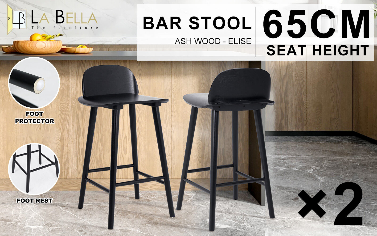 2X Wooden Bar Stool Dining Chair Ash Wood ELISE 65cm BLACK
