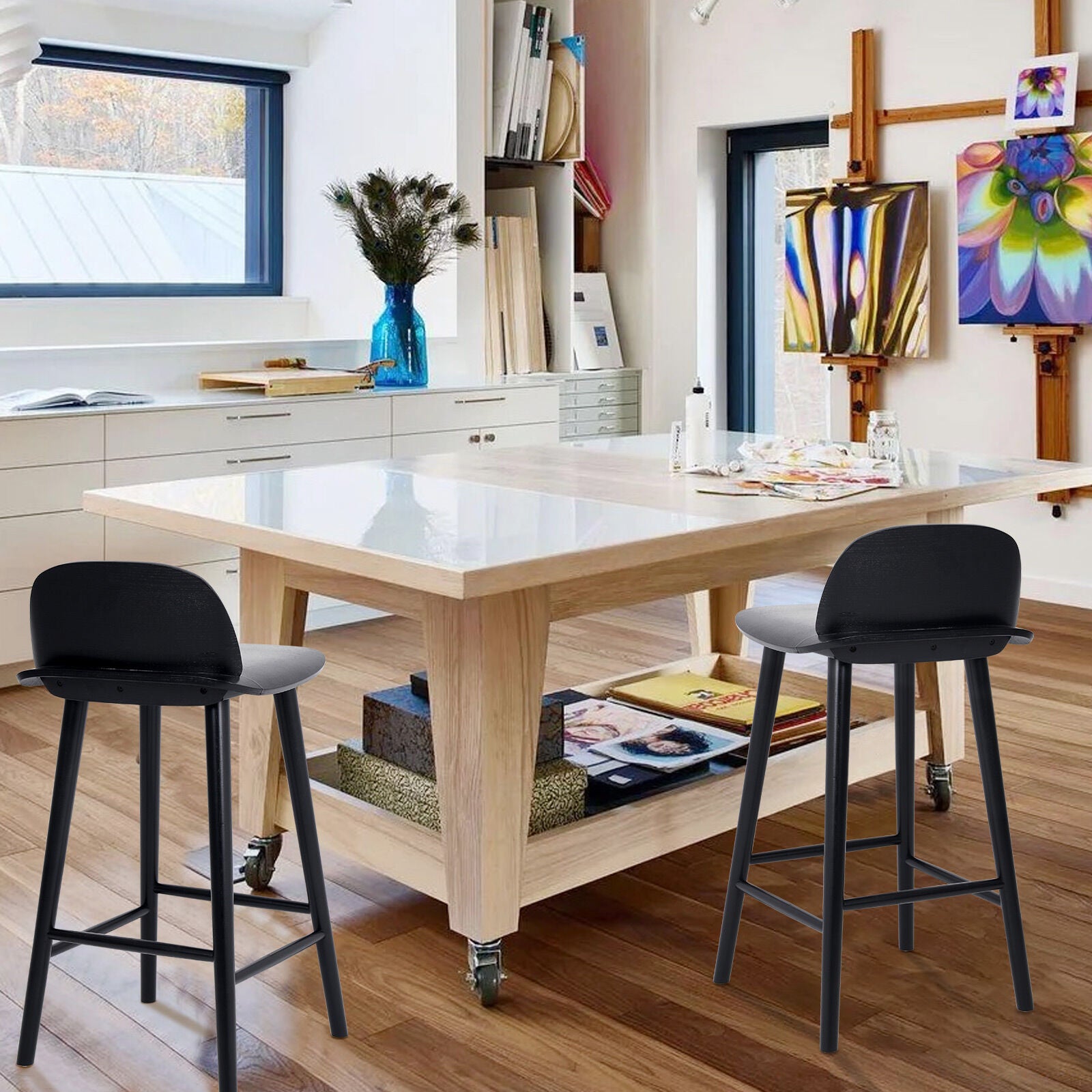 2X Wooden Bar Stool Dining Chair Ash Wood ELISE 65cm BLACK 8