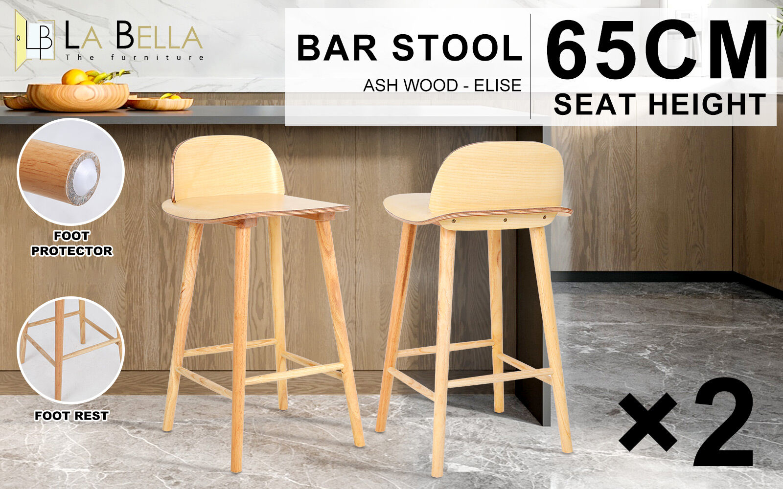 2X Wooden Bar Stool Dining Chair Ash Wood ELISE 65cm