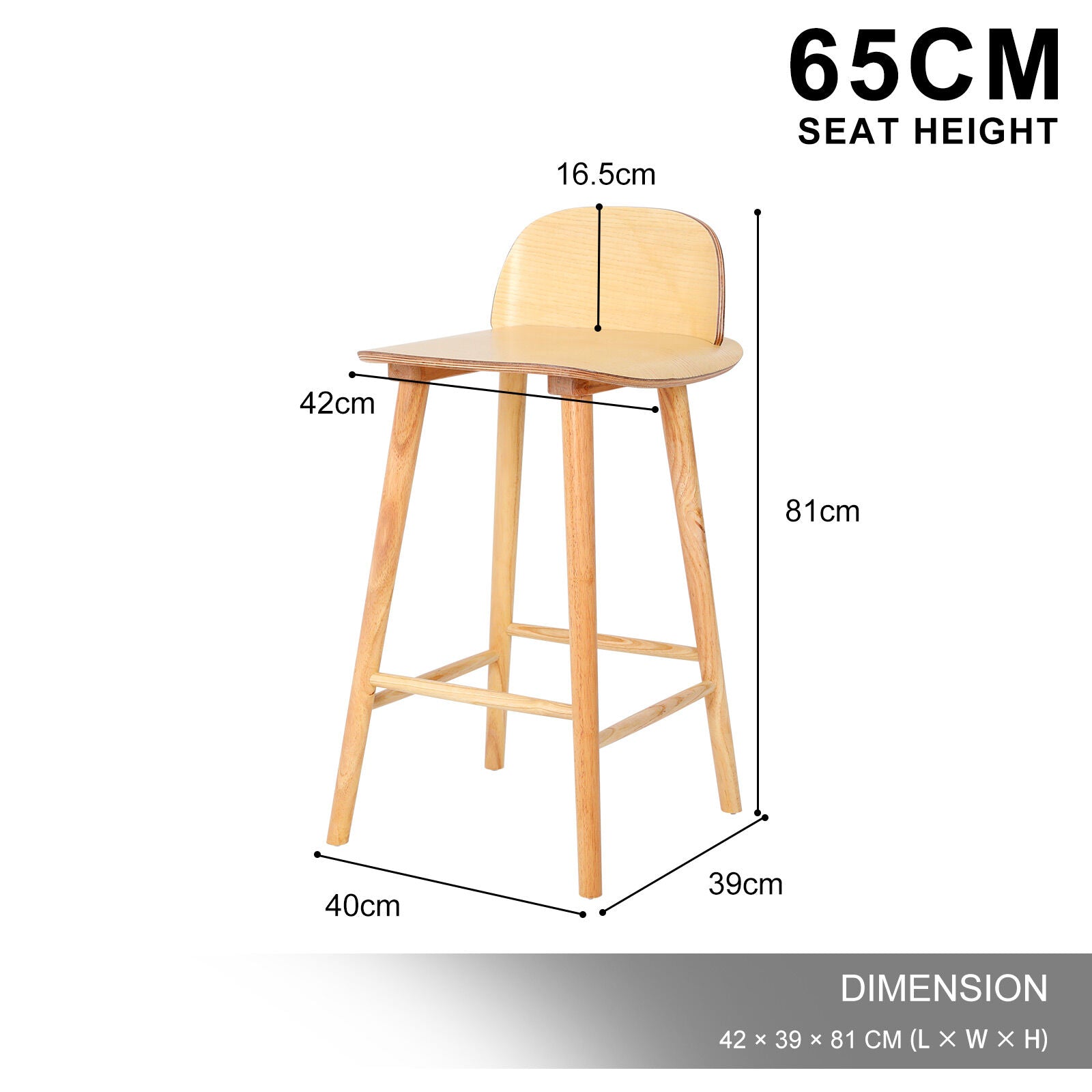 2X Wooden Bar Stool Dining Chair Ash Wood ELISE 65cm 10