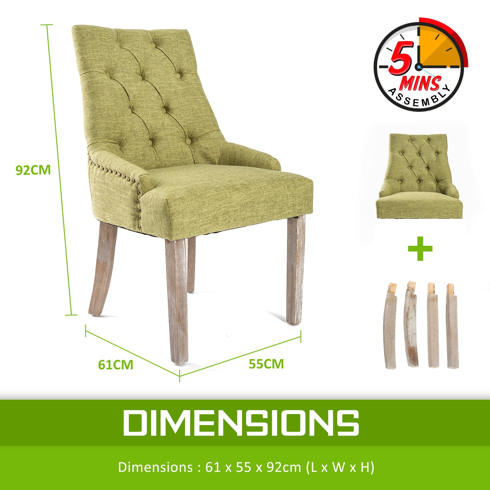 4X French Provincial Dining Chair Oak Leg AMOUR GREEN 12