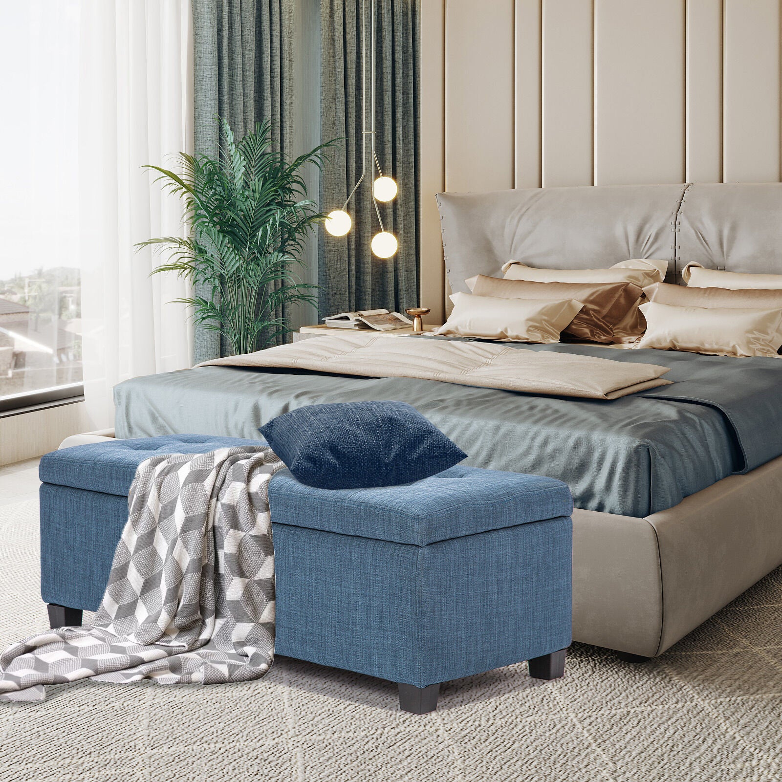 Storage Ottoman Stool 102cm Fabric DARK BLUE 6