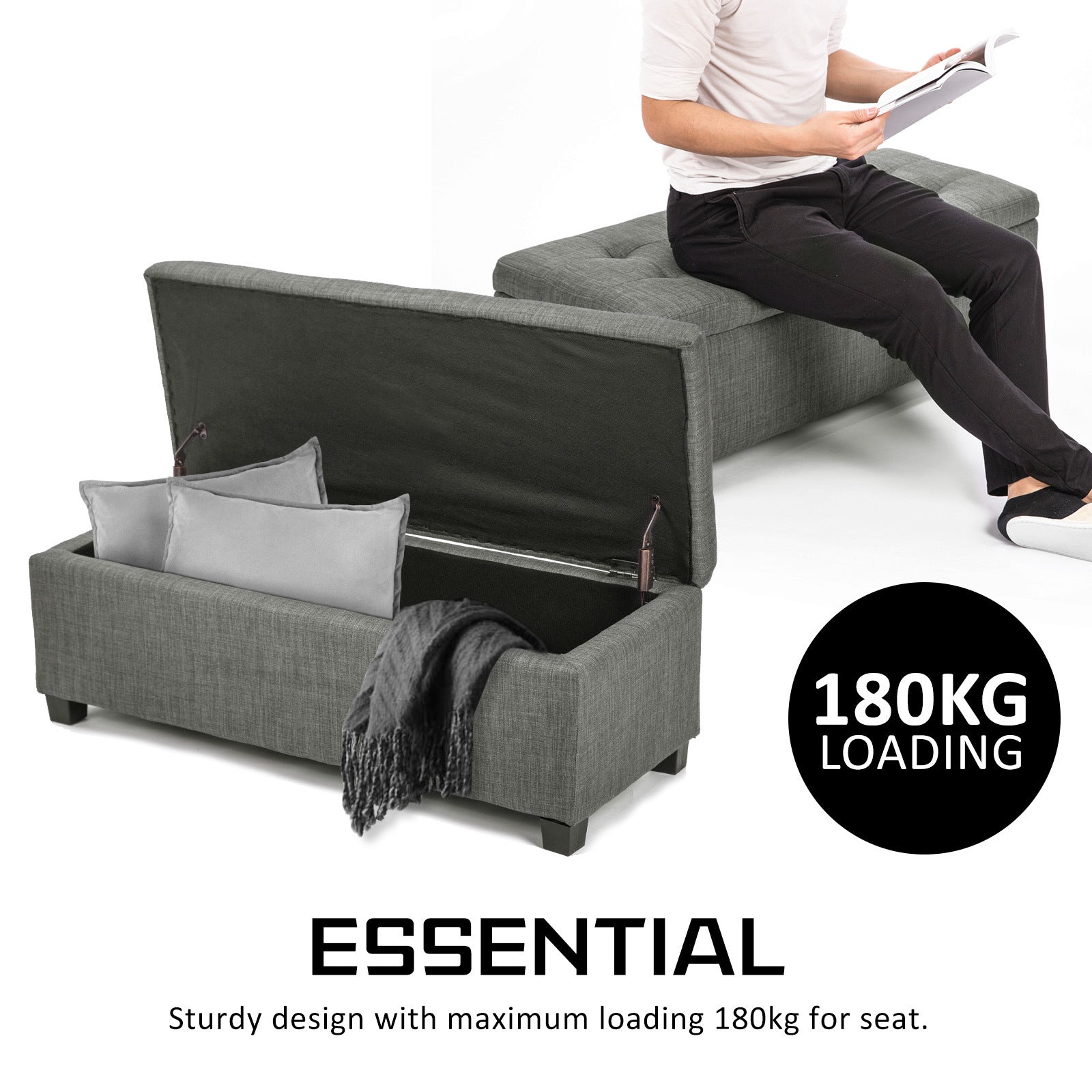 Storage Ottoman Stool 102cm Fabric DARK GREY 5