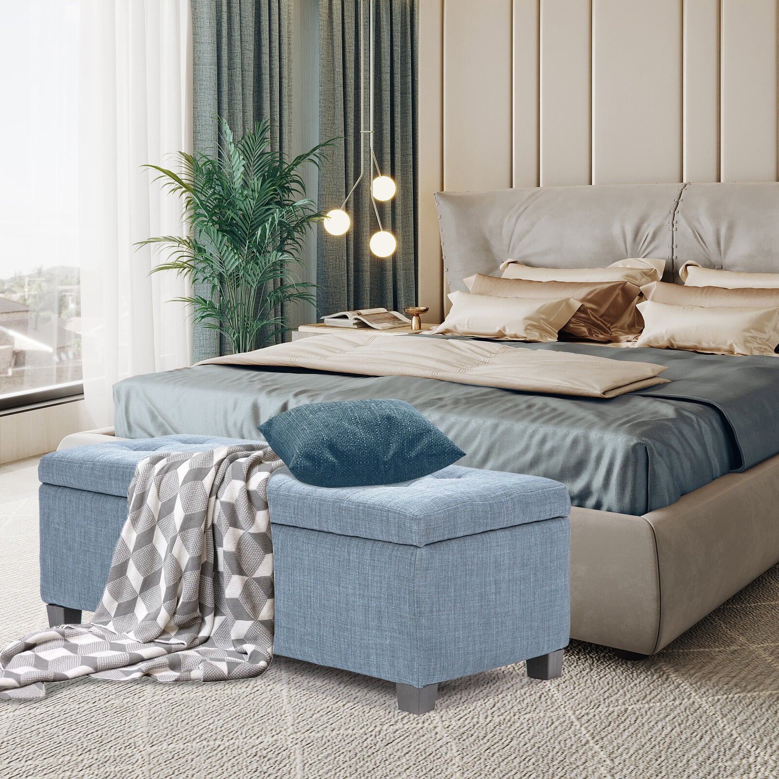 Storage Ottoman Stool 102cm Fabric LIGHT GREY BLUE 6