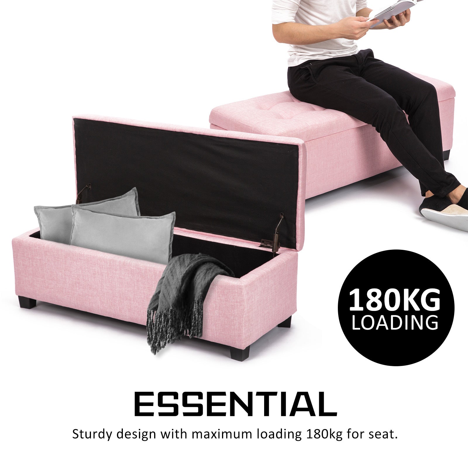 Storage Ottoman Stool 102cm Fabric PINK 5
