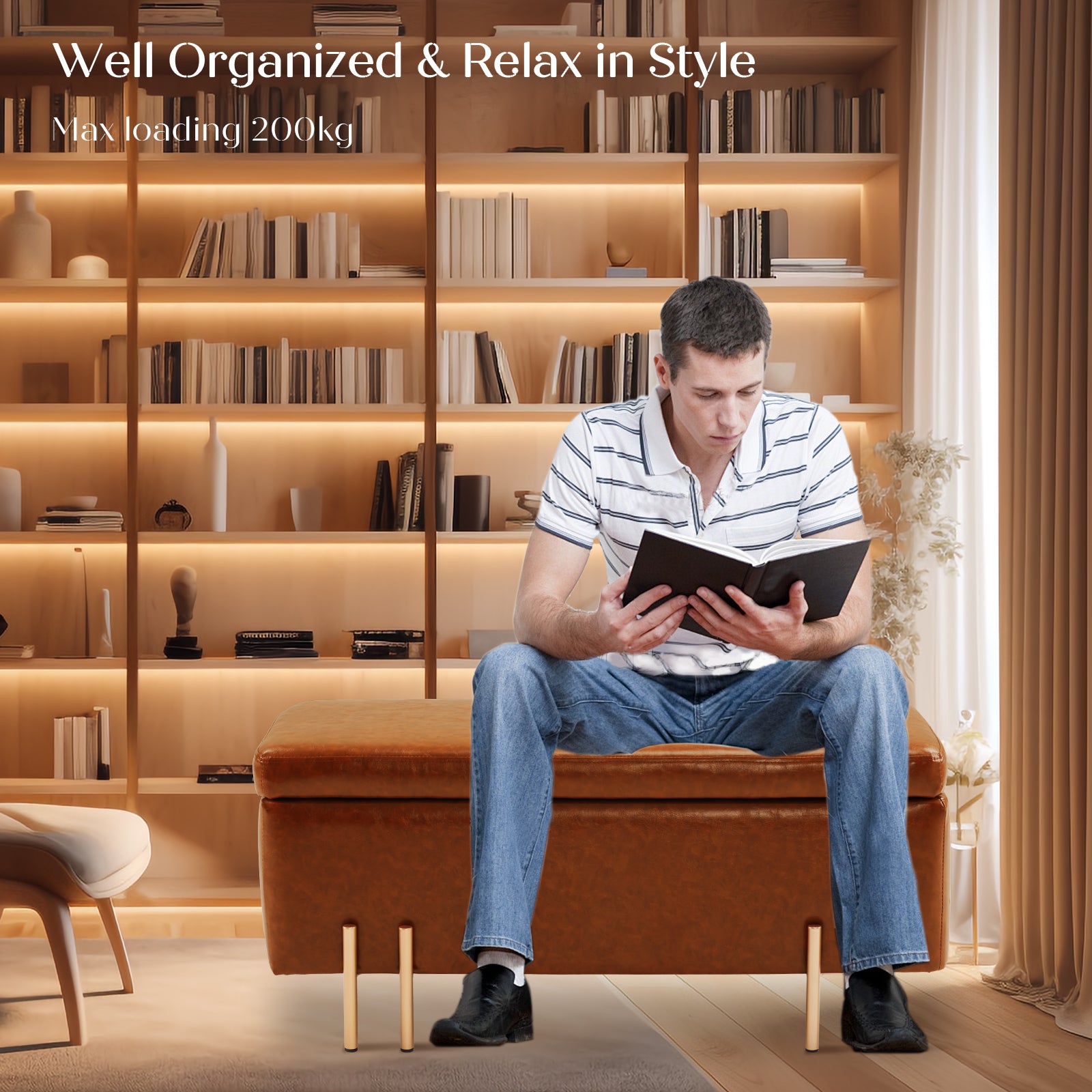 Storage Ottoman Stool Bench Seat 97cm PU Leather BROWN 8