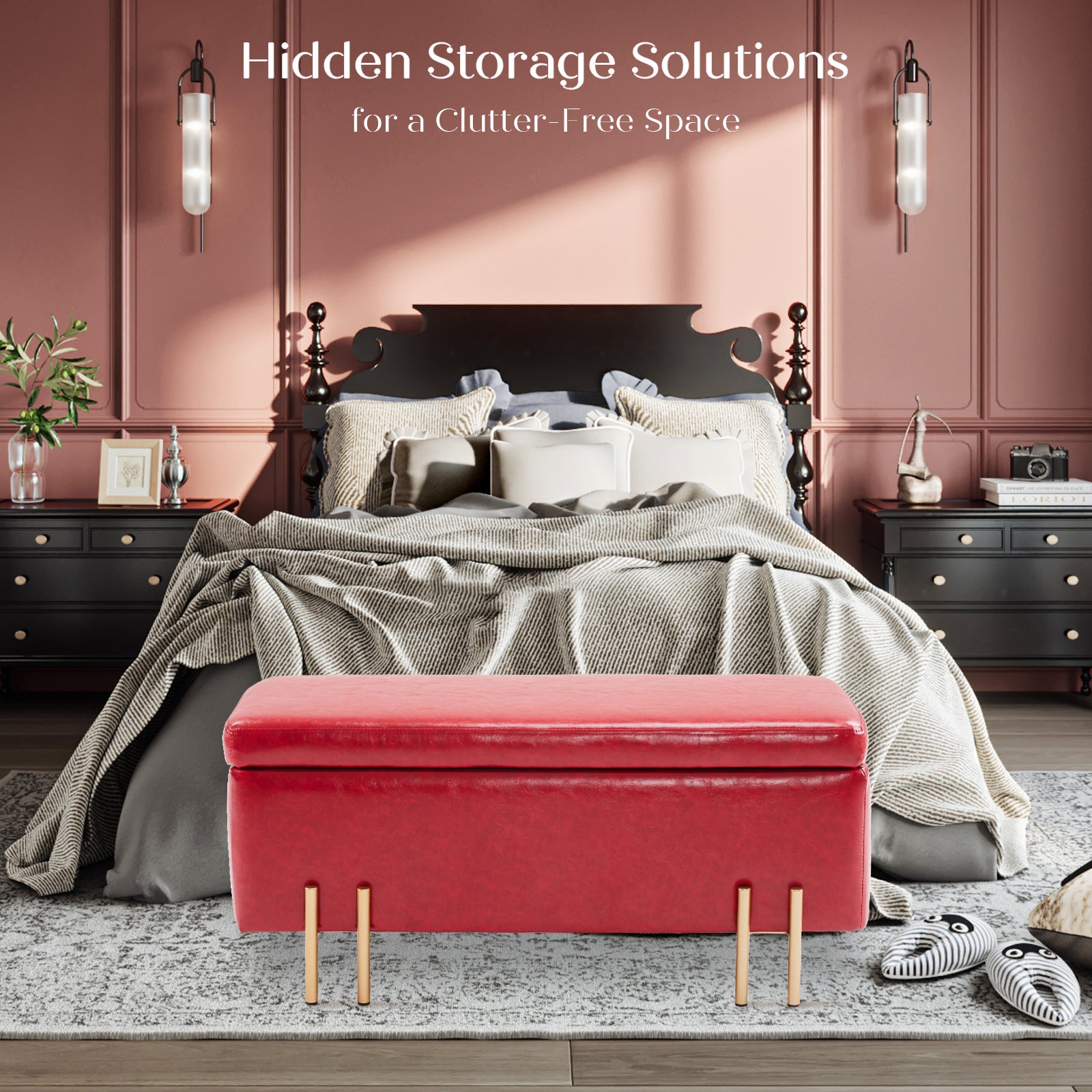 Storage Ottoman Stool Bench Seat 97cm PU Leather RED 3