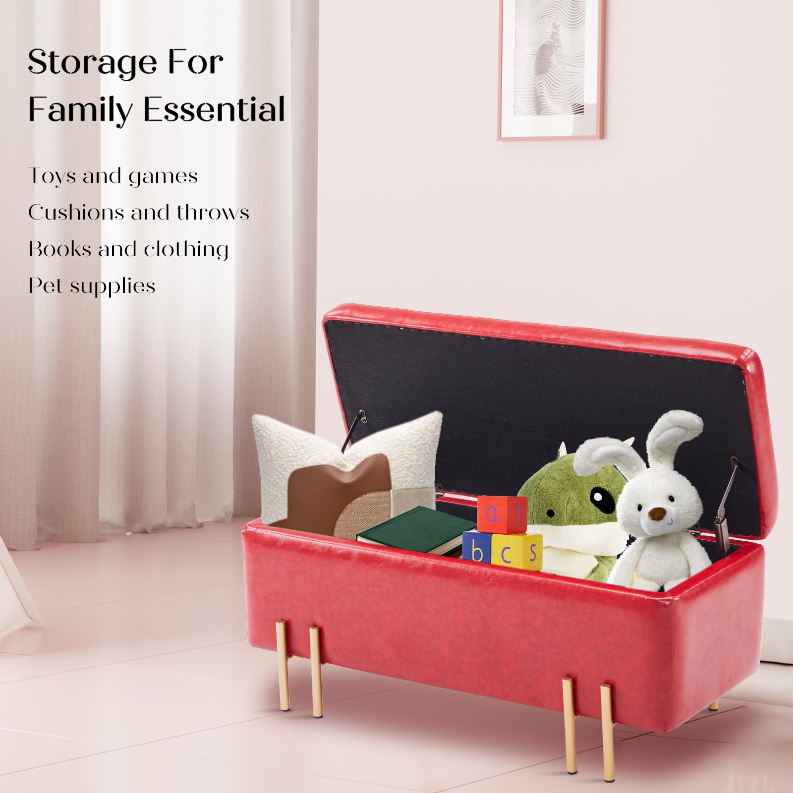 Storage Ottoman Stool Bench Seat 97cm PU Leather RED 4