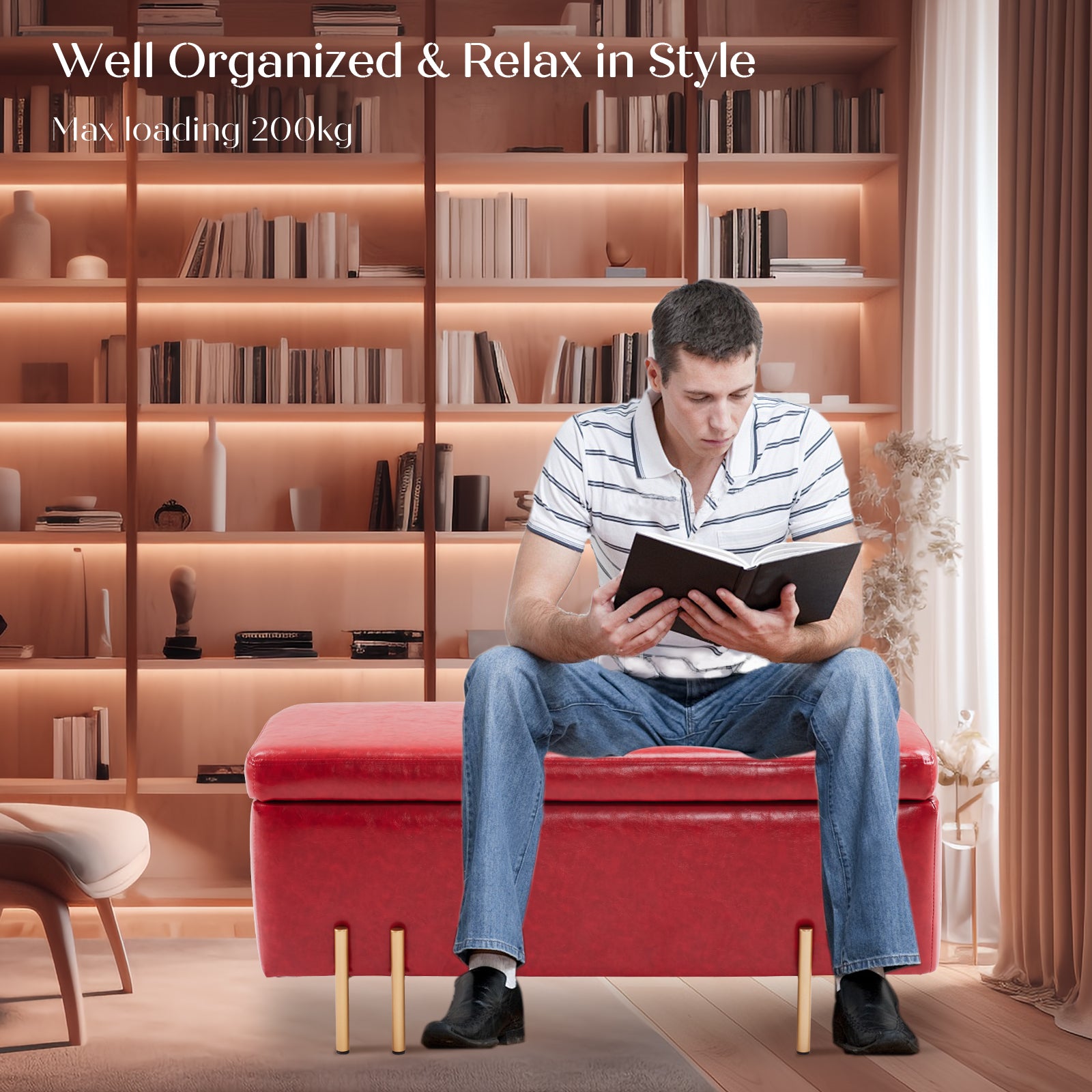 Storage Ottoman Stool Bench Seat 97cm PU Leather RED 8