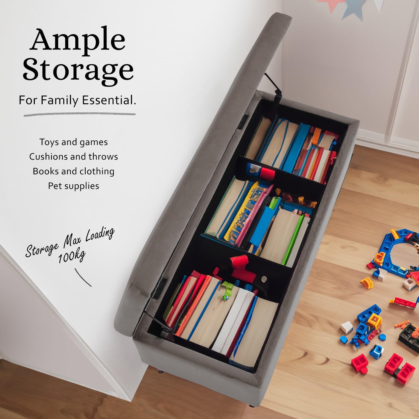 Storage Ottoman Stool Bench Seat 110cm Velvet GREY 4