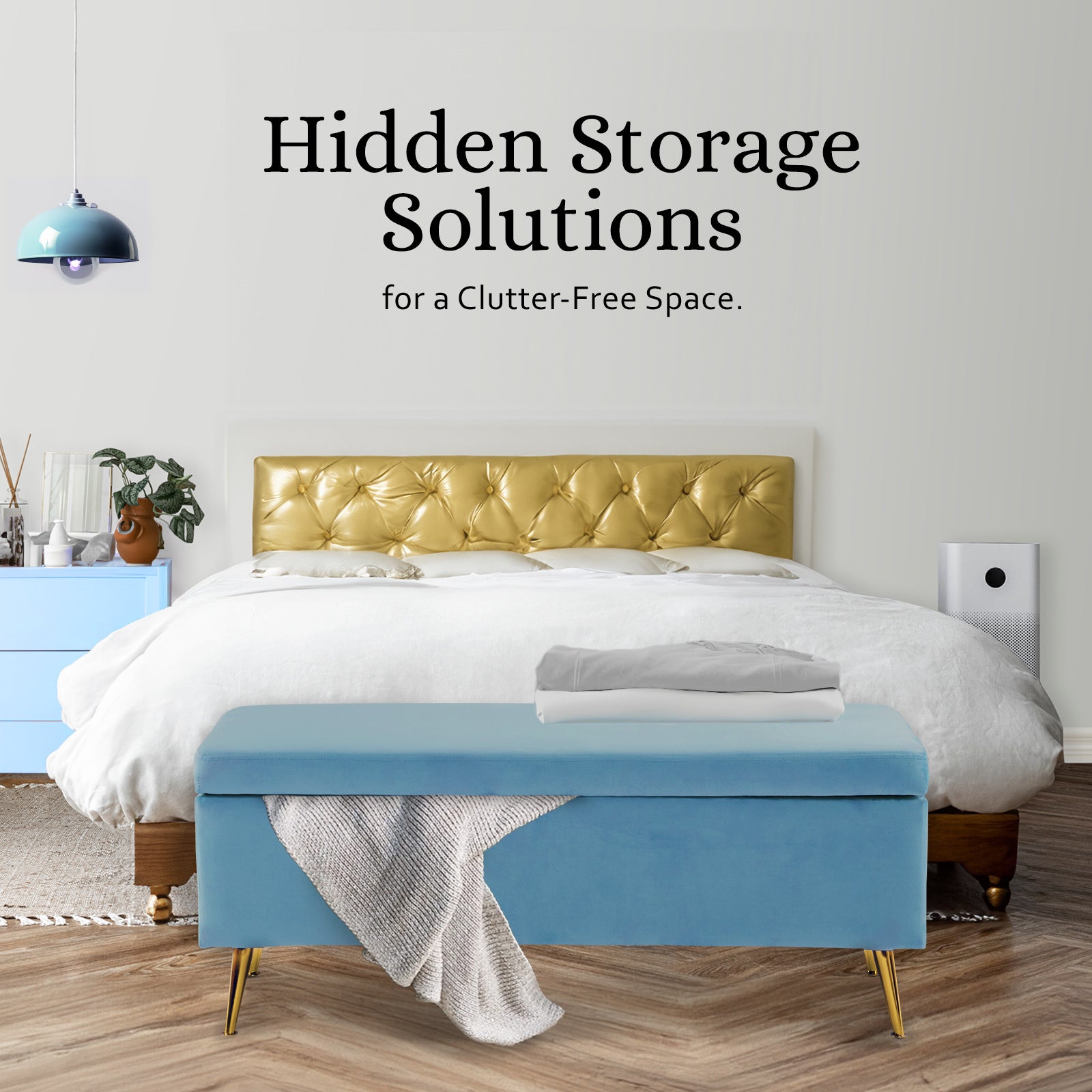 Storage Ottoman Stool Bench Seat 110cm Velvet OCEAN BLUE 3