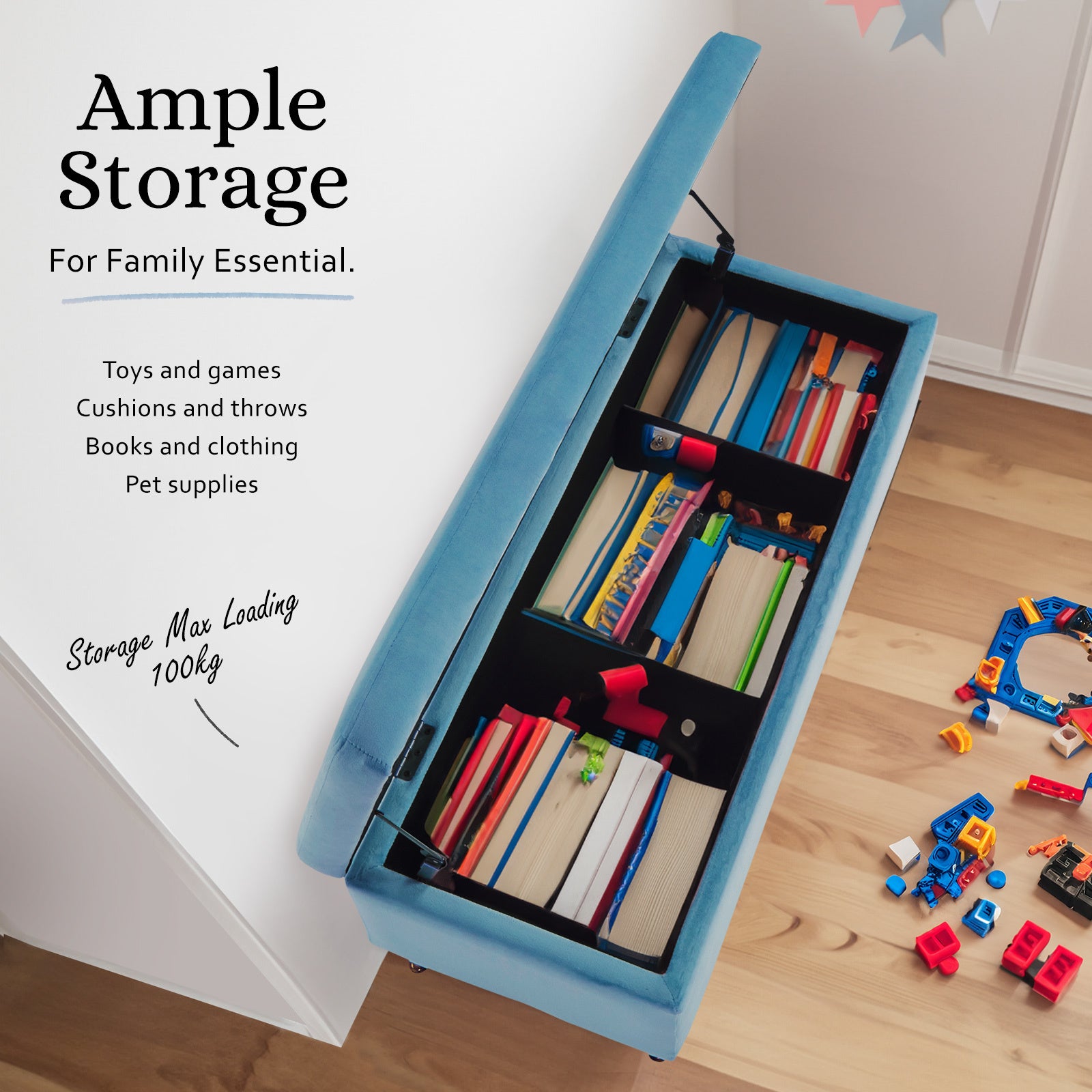 Storage Ottoman Stool Bench Seat 110cm Velvet OCEAN BLUE 4