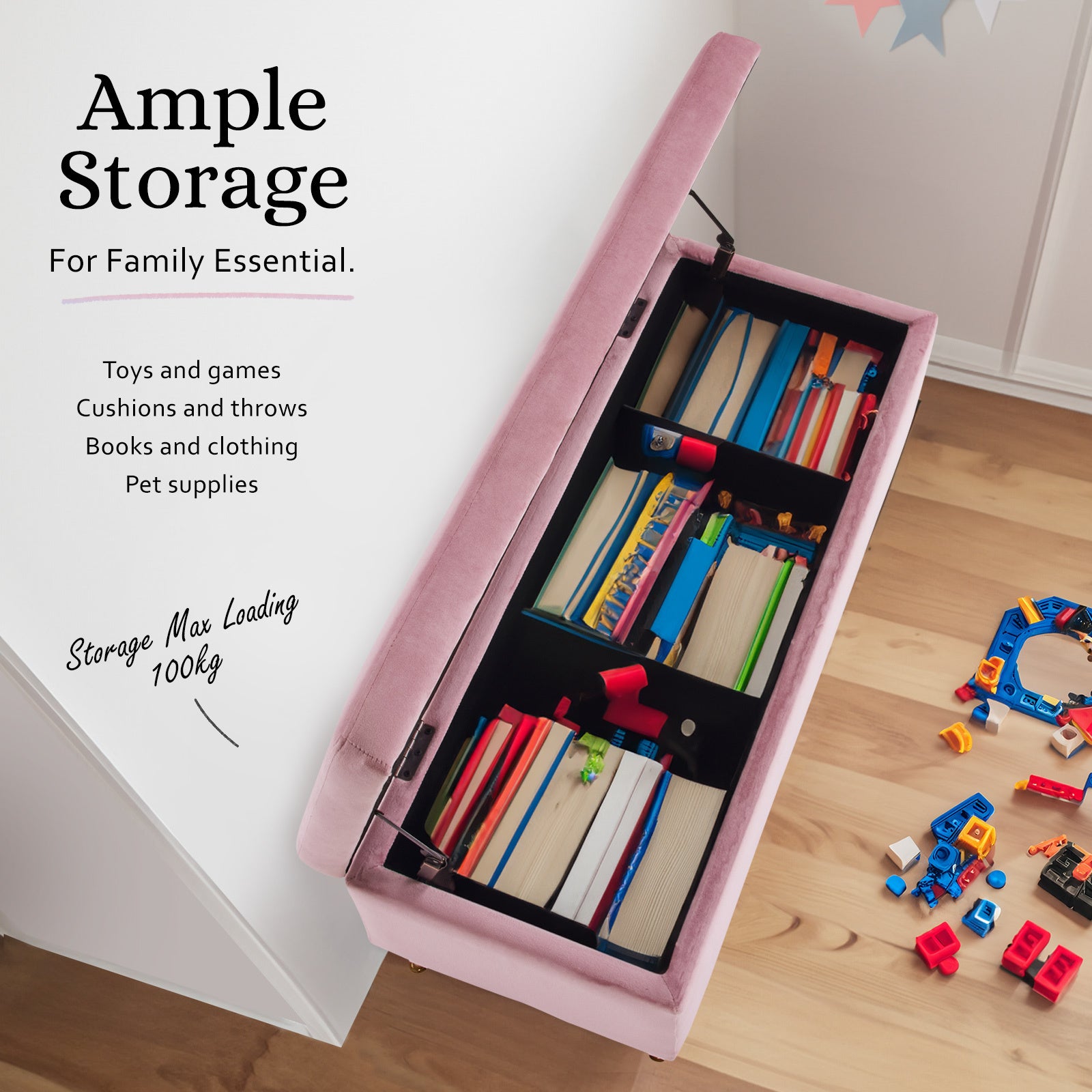 Storage Ottoman Stool Bench Seat 110cm Velvet PINK 4