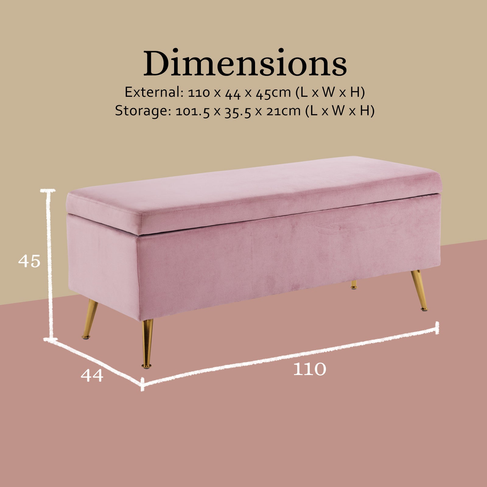 Storage Ottoman Stool Bench Seat 110cm Velvet PINK 12