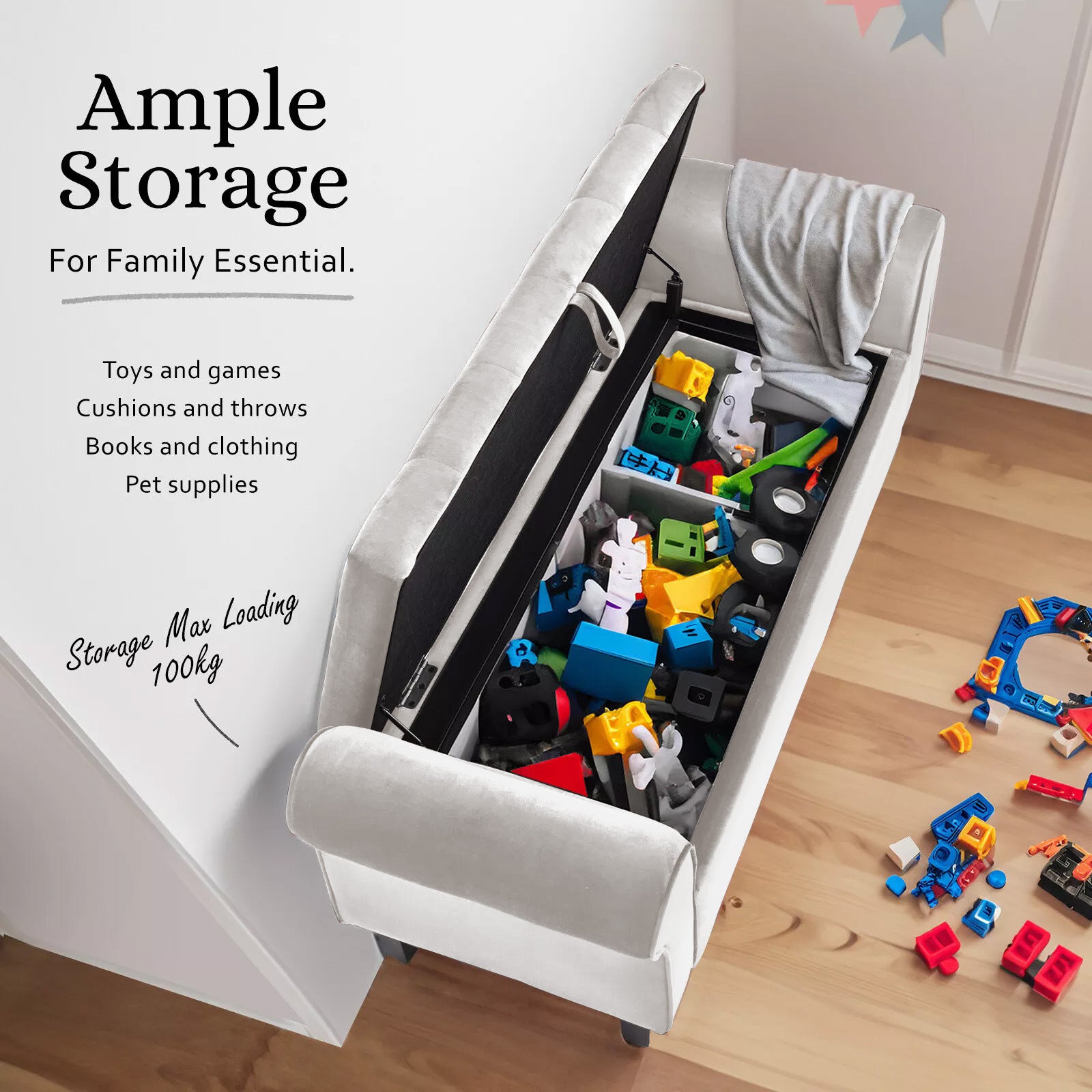 Storage Ottoman Stool Arm Bench Seat 132cm Velvet BEIGE 4