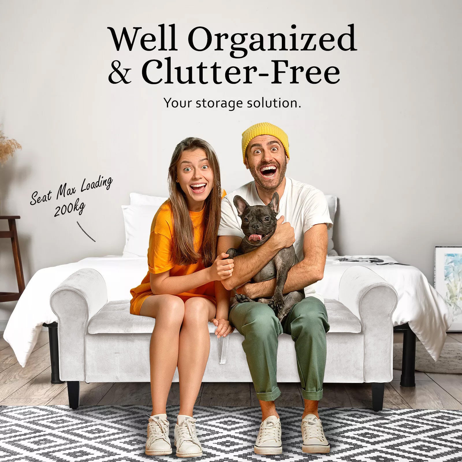 Storage Ottoman Stool Arm Bench Seat 132cm Velvet BEIGE 8