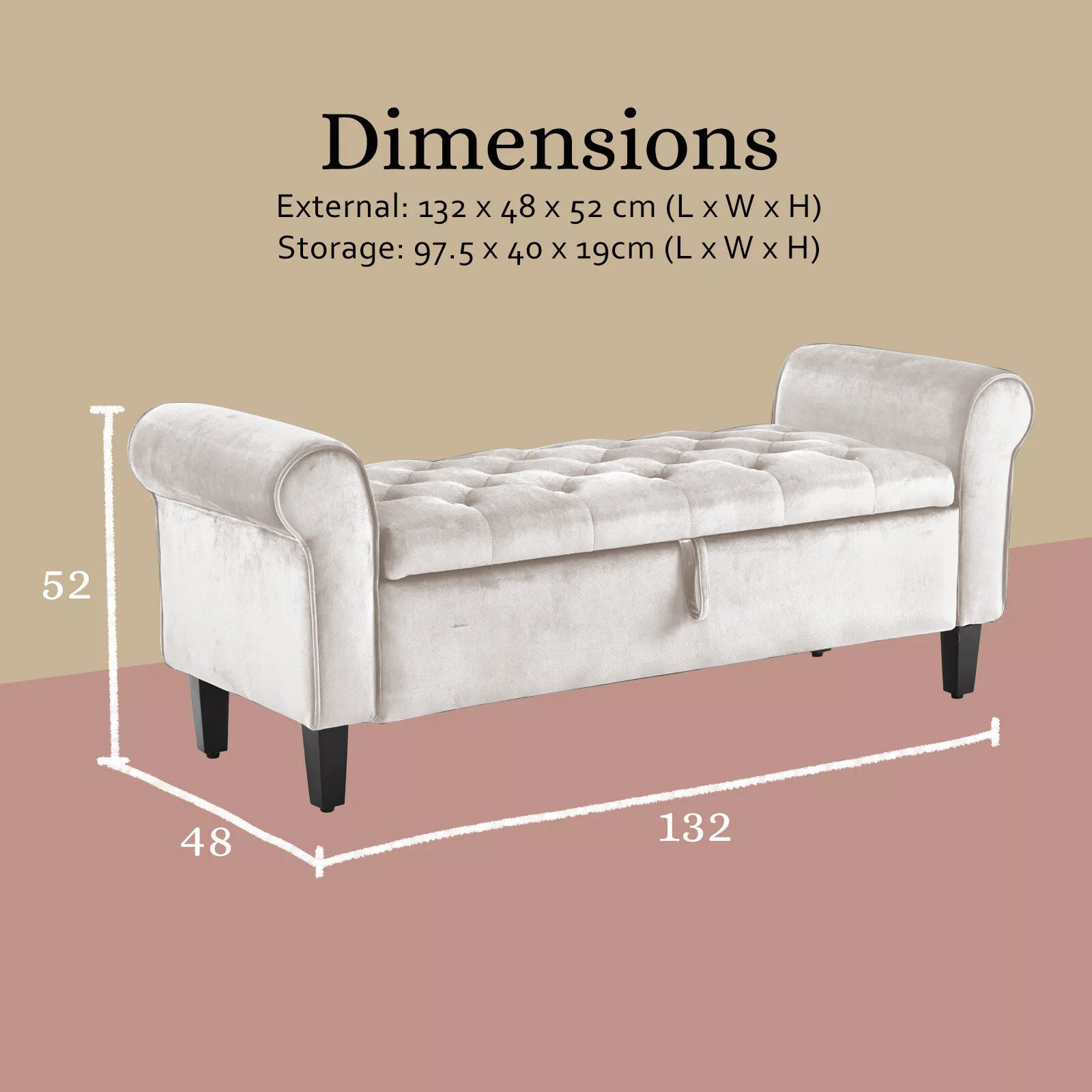 Storage Ottoman Stool Arm Bench Seat 132cm Velvet BEIGE 12
